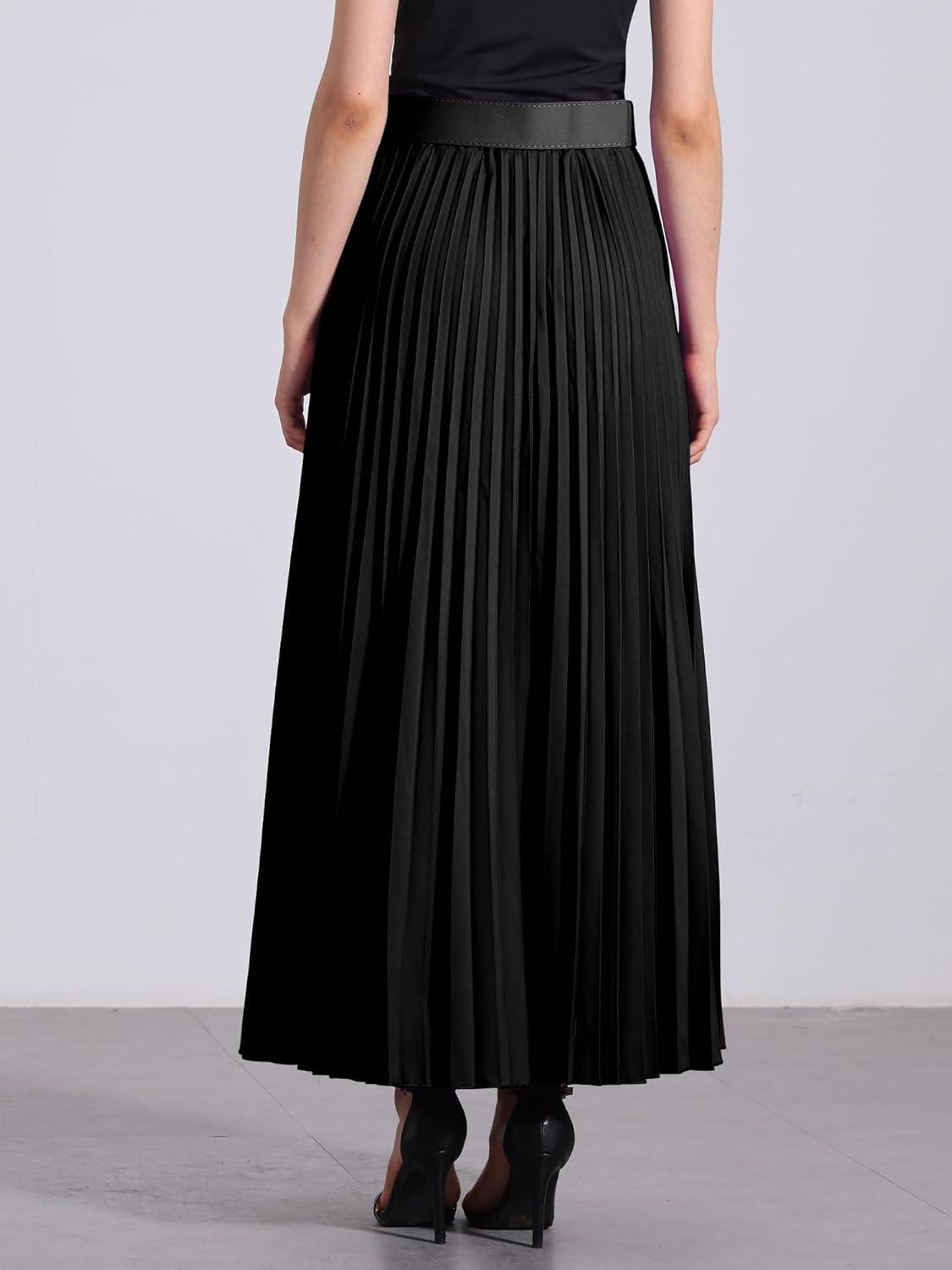imageAllegra K Long Pleated Skirt for Womens Elastic High Waist with Belt Swing Aline Work Maxi SkirtBlack