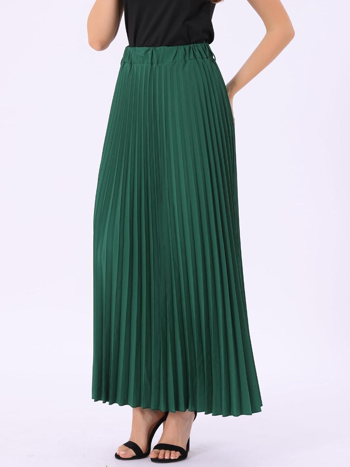 imageAllegra K Long Pleated Skirt for Womens Elastic High Waist with Belt Swing Aline Work Maxi SkirtDark Green