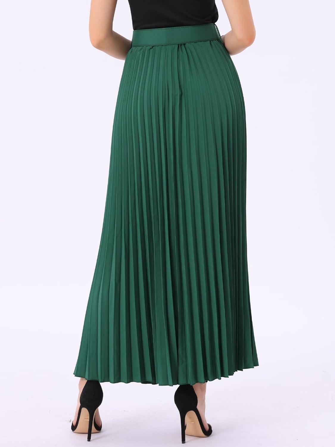 imageAllegra K Long Pleated Skirt for Womens Elastic High Waist with Belt Swing Aline Work Maxi SkirtDark Green