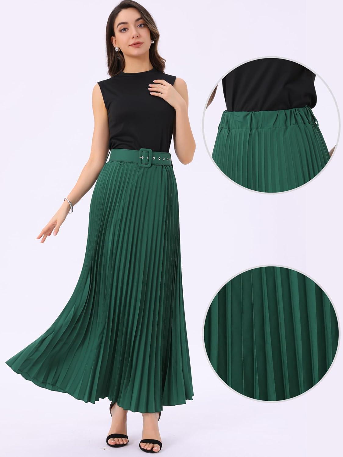 imageAllegra K Long Pleated Skirt for Womens Elastic High Waist with Belt Swing Aline Work Maxi SkirtDark Green