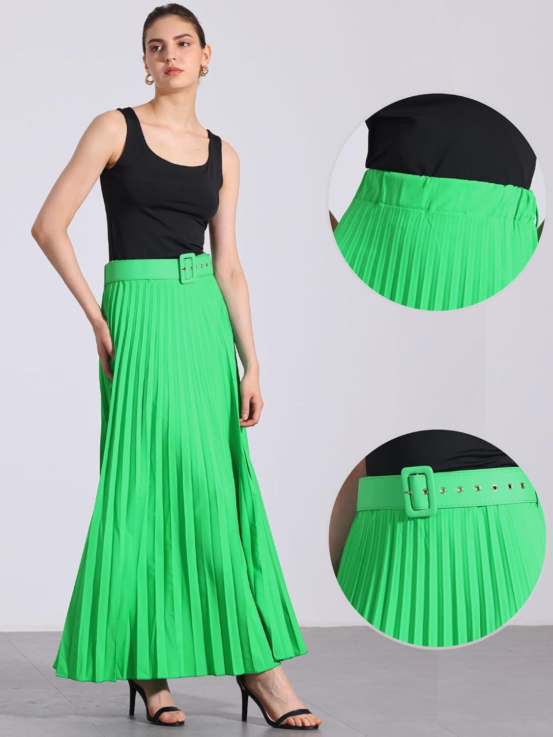imageAllegra K Long Pleated Skirt for Womens Elastic High Waist with Belt Swing Aline Work Maxi SkirtGreen