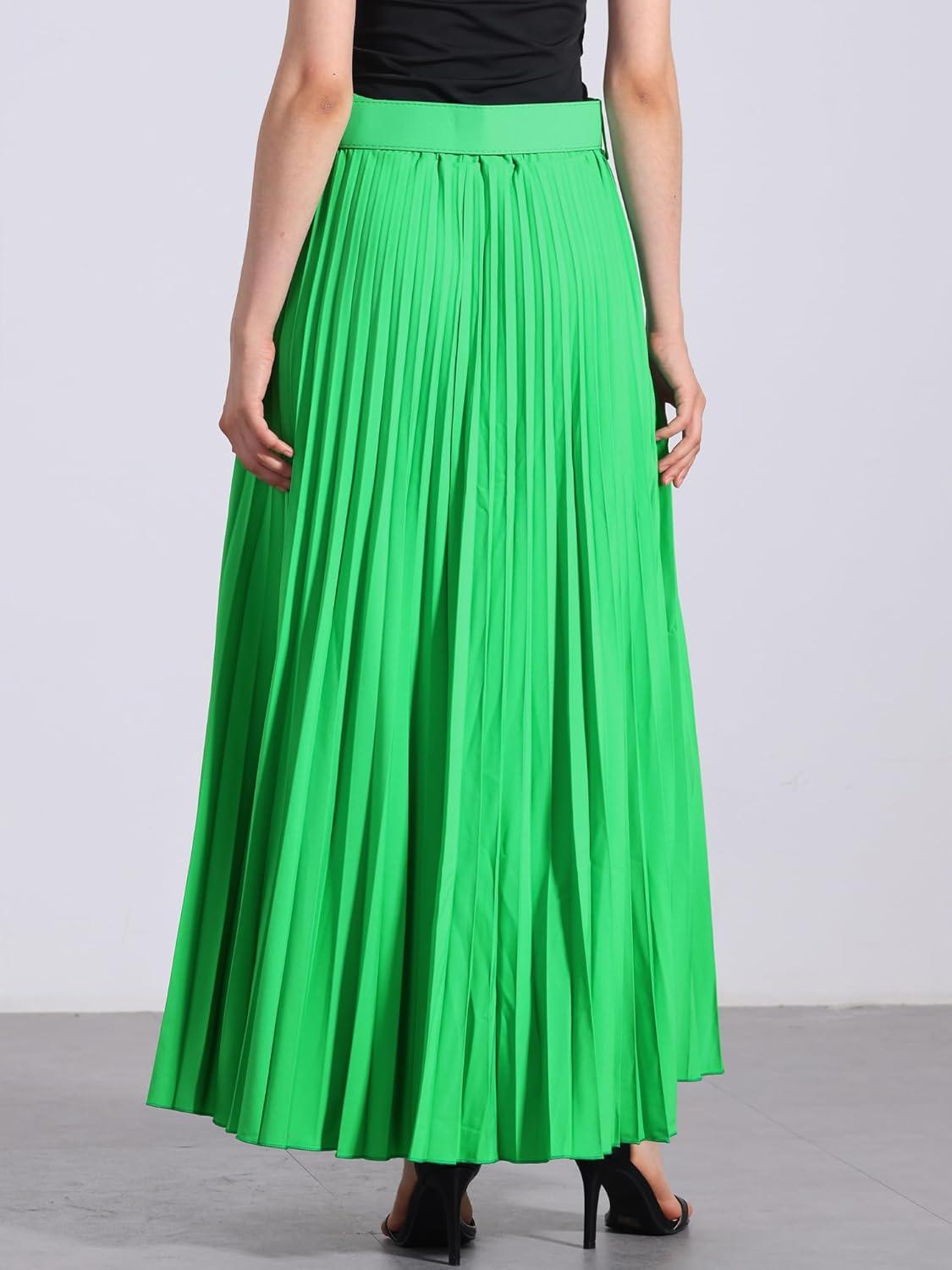 imageAllegra K Long Pleated Skirt for Womens Elastic High Waist with Belt Swing Aline Work Maxi SkirtGreen