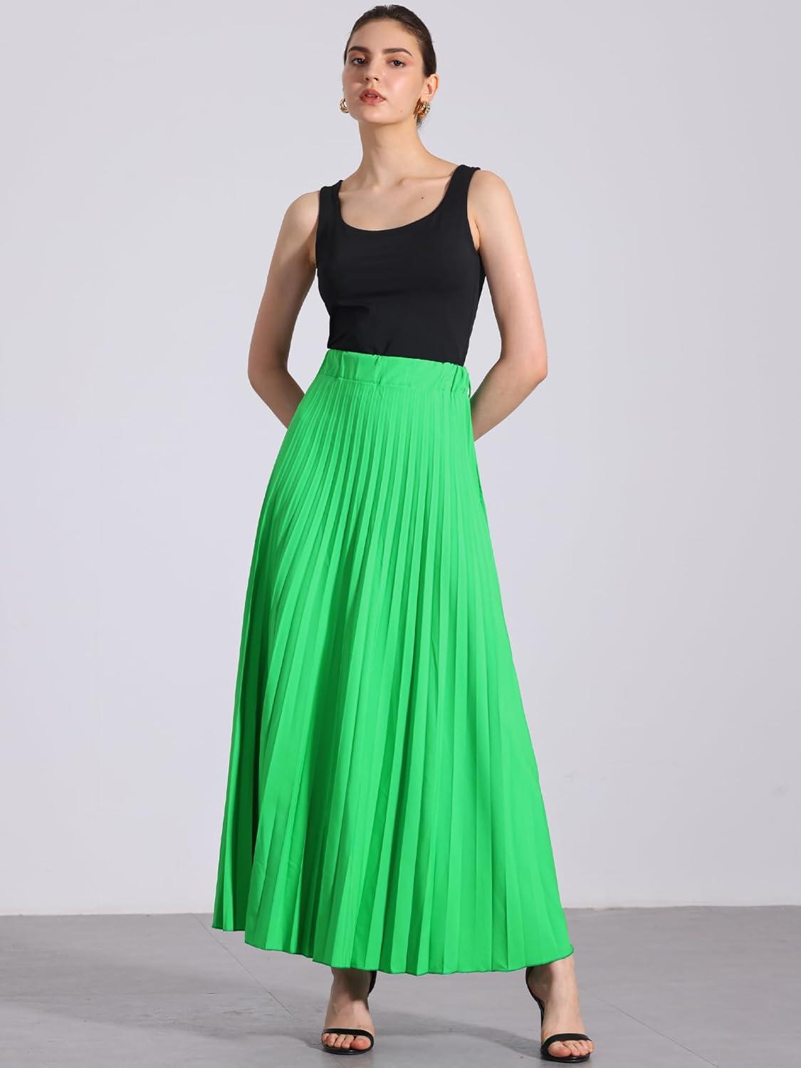 imageAllegra K Long Pleated Skirt for Womens Elastic High Waist with Belt Swing Aline Work Maxi SkirtGreen