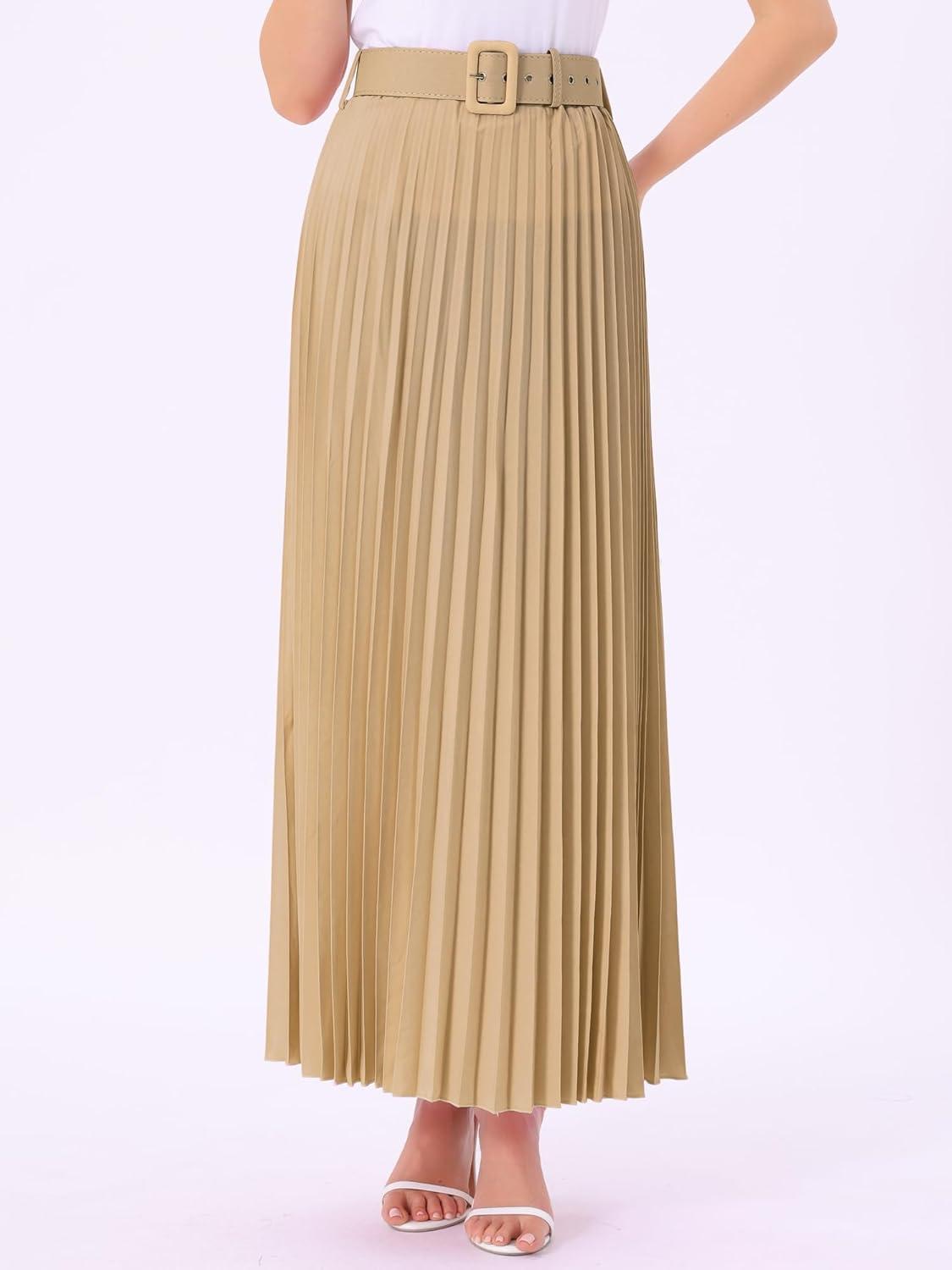 imageAllegra K Long Pleated Skirt for Womens Elastic High Waist with Belt Swing Aline Work Maxi SkirtKhaki
