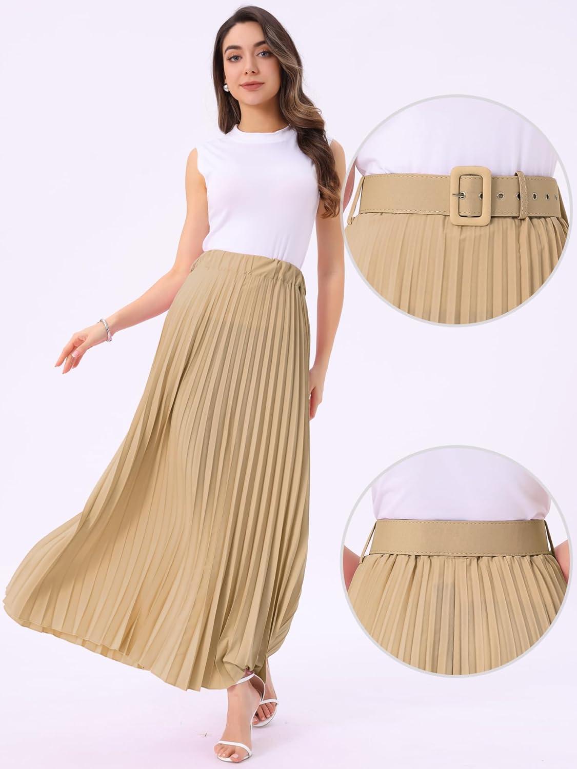 imageAllegra K Long Pleated Skirt for Womens Elastic High Waist with Belt Swing Aline Work Maxi SkirtKhaki