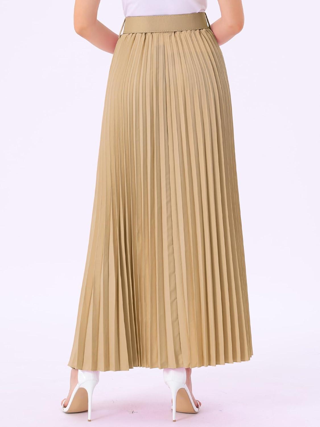 imageAllegra K Long Pleated Skirt for Womens Elastic High Waist with Belt Swing Aline Work Maxi SkirtKhaki