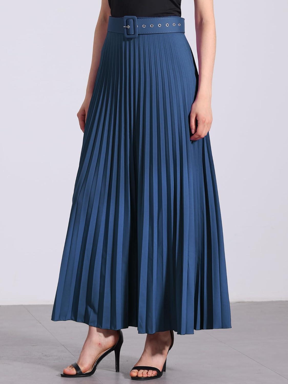 imageAllegra K Long Pleated Skirt for Womens Elastic High Waist with Belt Swing Aline Work Maxi SkirtNavy Blue