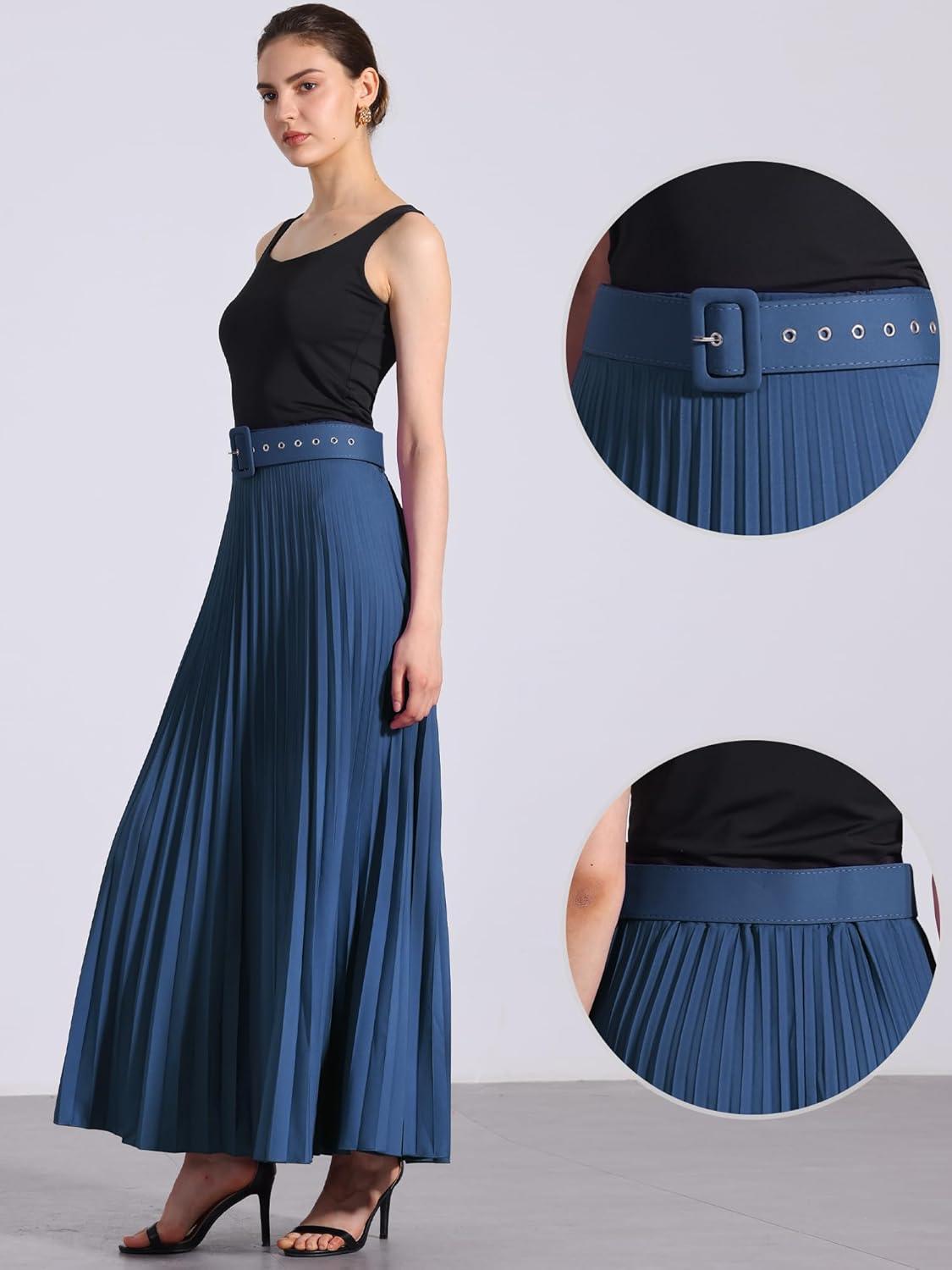 imageAllegra K Long Pleated Skirt for Womens Elastic High Waist with Belt Swing Aline Work Maxi SkirtNavy Blue