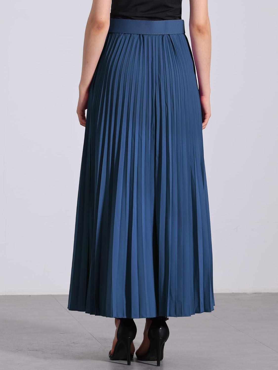 imageAllegra K Long Pleated Skirt for Womens Elastic High Waist with Belt Swing Aline Work Maxi SkirtNavy Blue