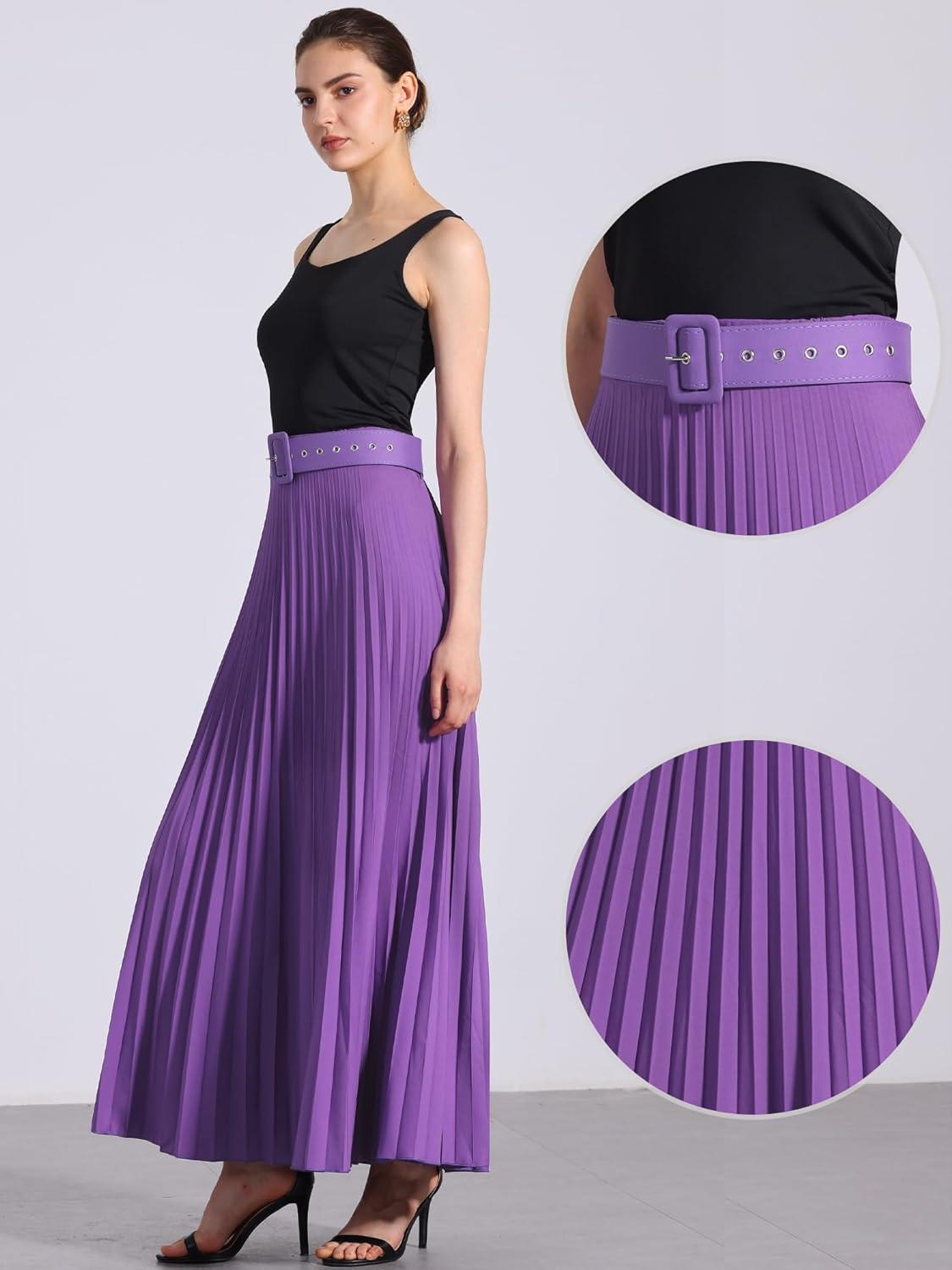 imageAllegra K Long Pleated Skirt for Womens Elastic High Waist with Belt Swing Aline Work Maxi SkirtPurple