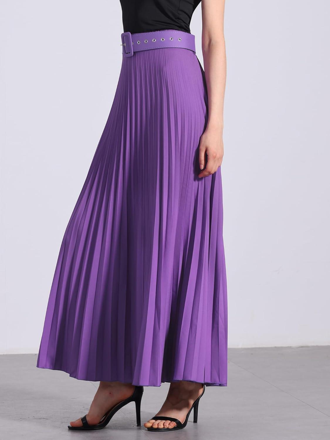 imageAllegra K Long Pleated Skirt for Womens Elastic High Waist with Belt Swing Aline Work Maxi SkirtPurple