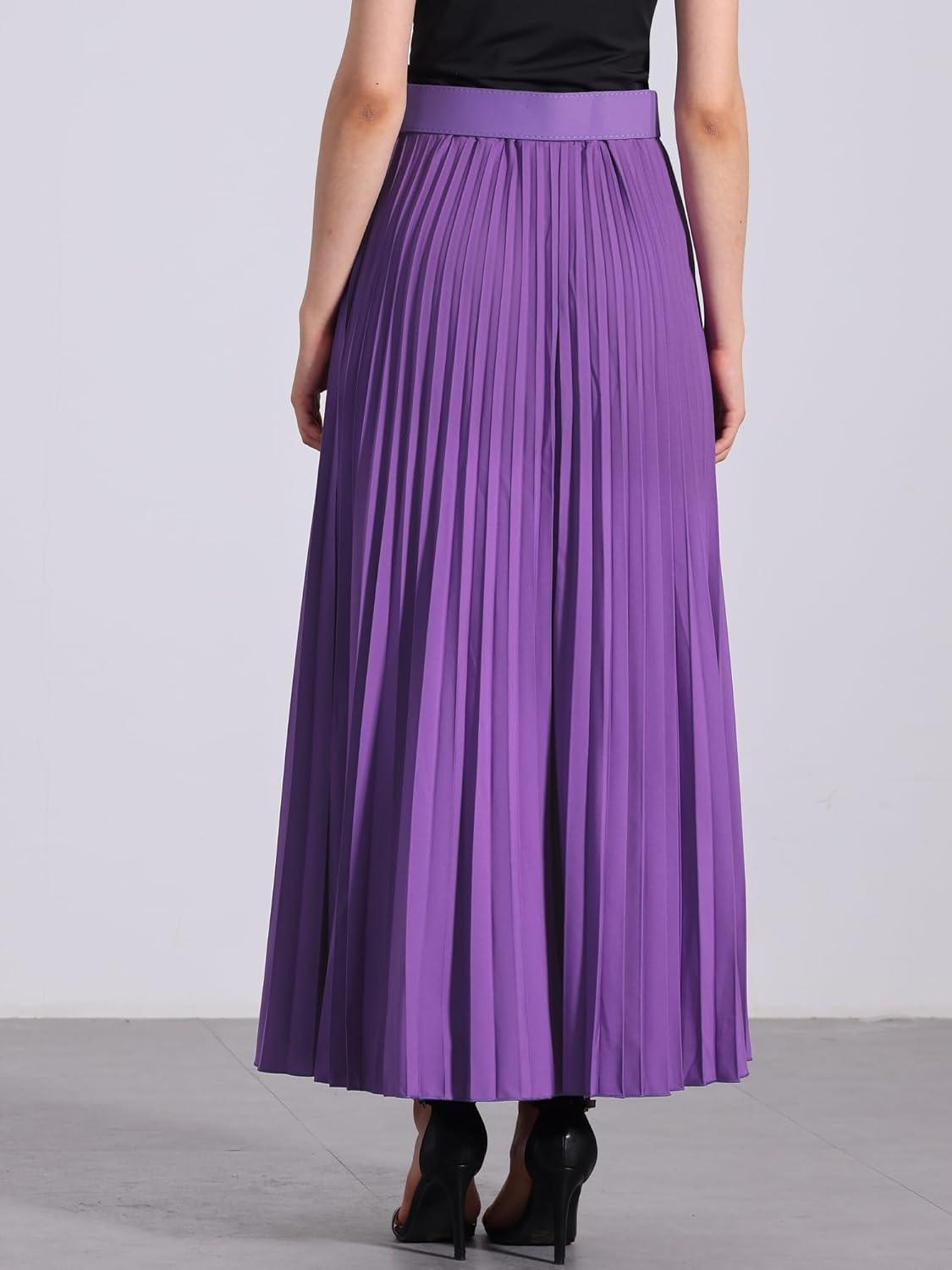 imageAllegra K Long Pleated Skirt for Womens Elastic High Waist with Belt Swing Aline Work Maxi SkirtPurple