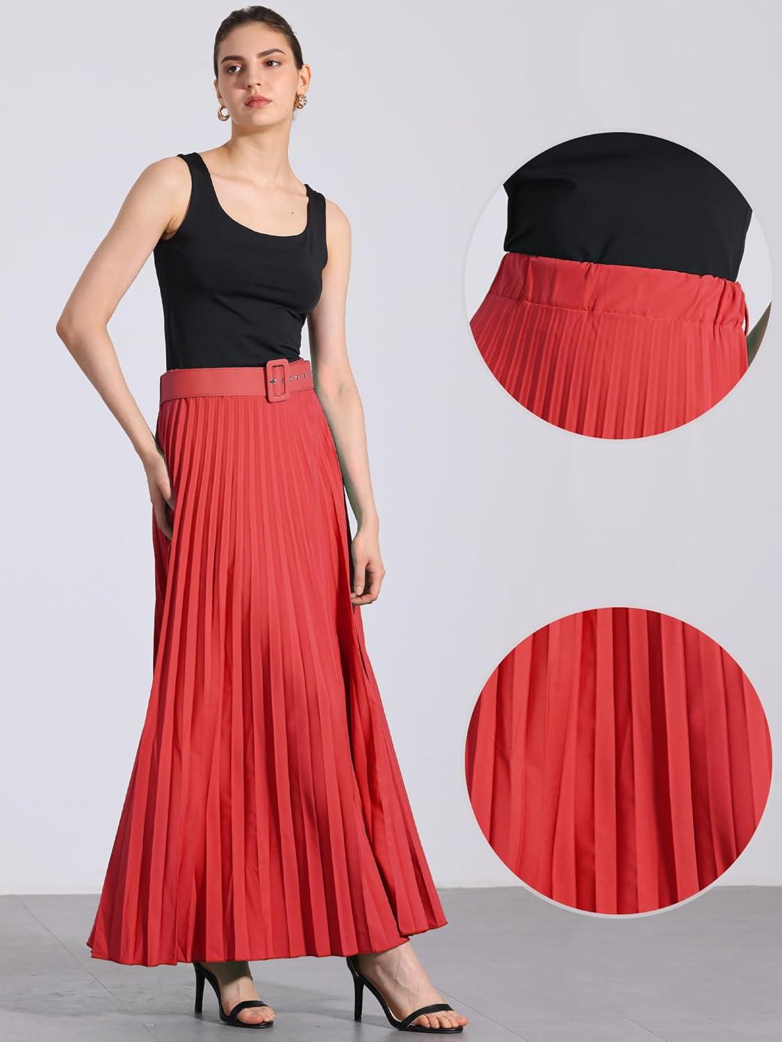 imageAllegra K Long Pleated Skirt for Womens Elastic High Waist with Belt Swing Aline Work Maxi SkirtRed