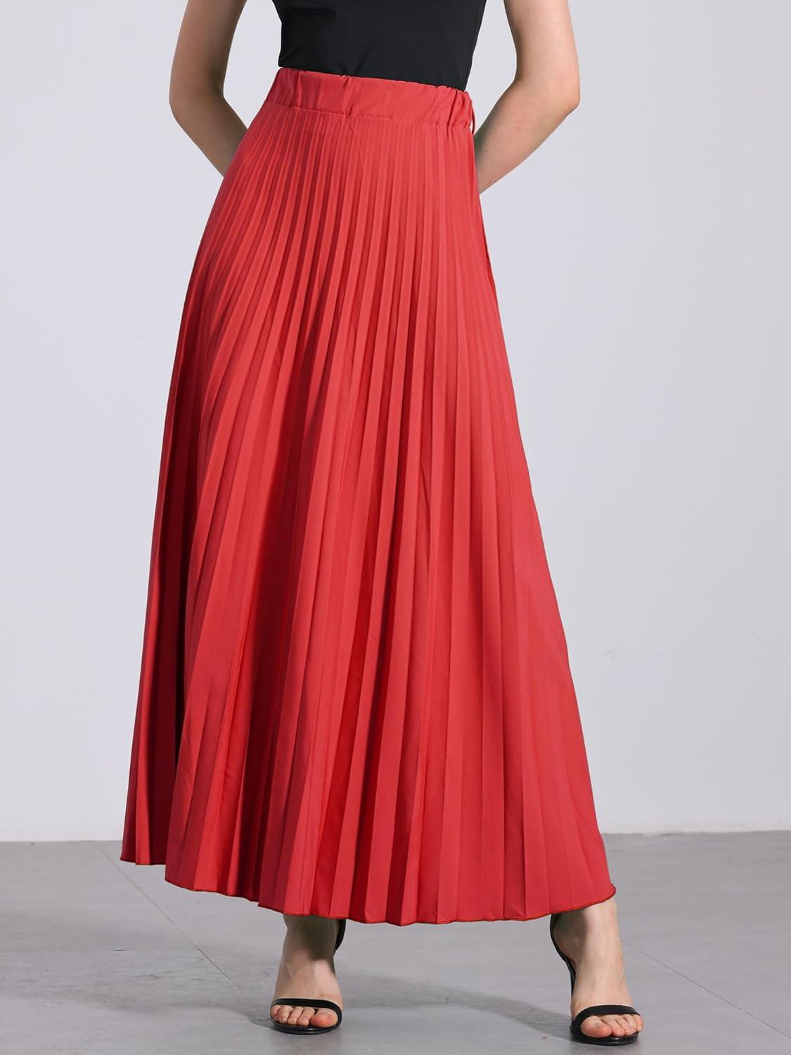 imageAllegra K Long Pleated Skirt for Womens Elastic High Waist with Belt Swing Aline Work Maxi SkirtRed