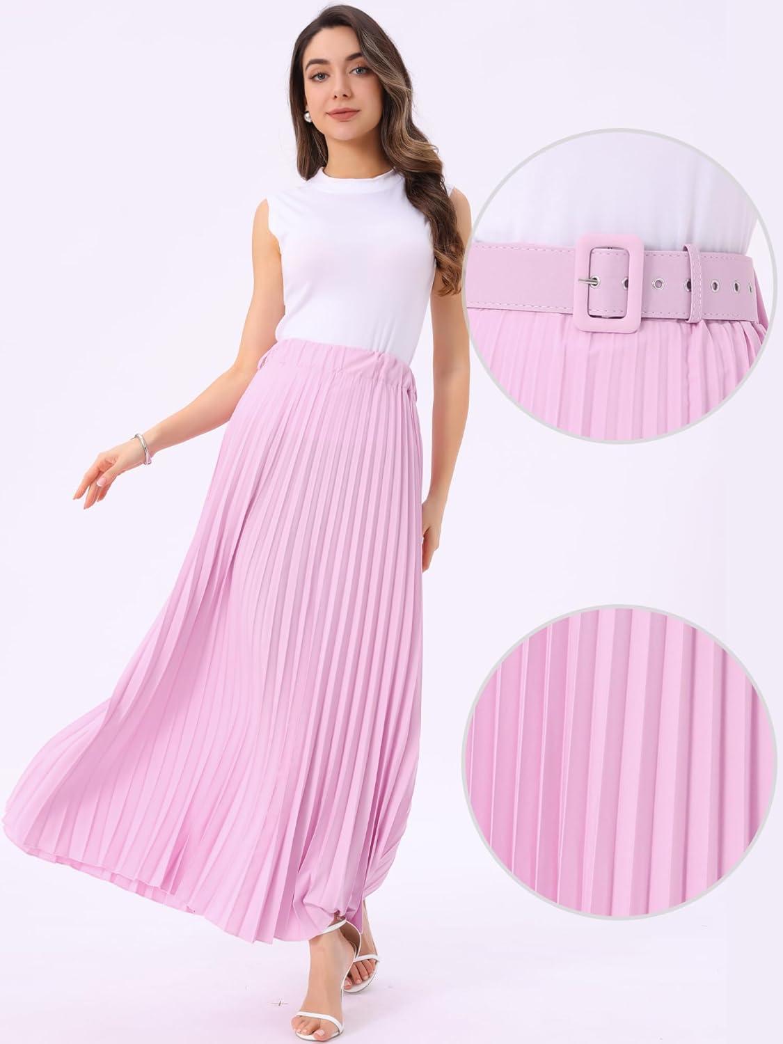 imageAllegra K Long Pleated Skirt for Womens Elastic High Waist with Belt Swing Aline Work Maxi SkirtRose Pink