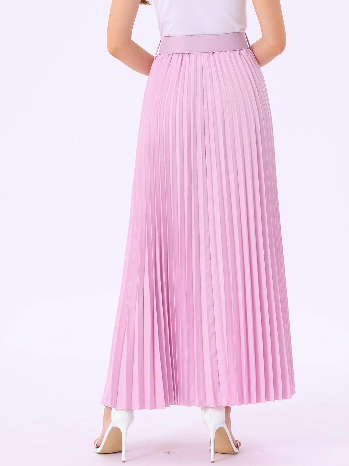 imageAllegra K Long Pleated Skirt for Womens Elastic High Waist with Belt Swing Aline Work Maxi SkirtRose Pink