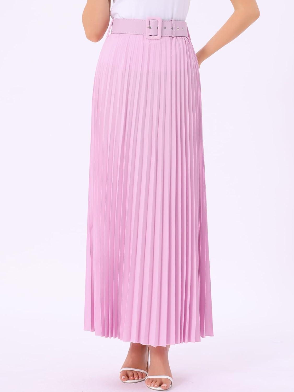 imageAllegra K Long Pleated Skirt for Womens Elastic High Waist with Belt Swing Aline Work Maxi SkirtRose Pink