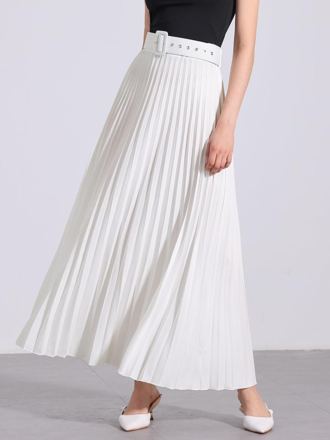 imageAllegra K Long Pleated Skirt for Womens Elastic High Waist with Belt Swing Aline Work Maxi SkirtWhite