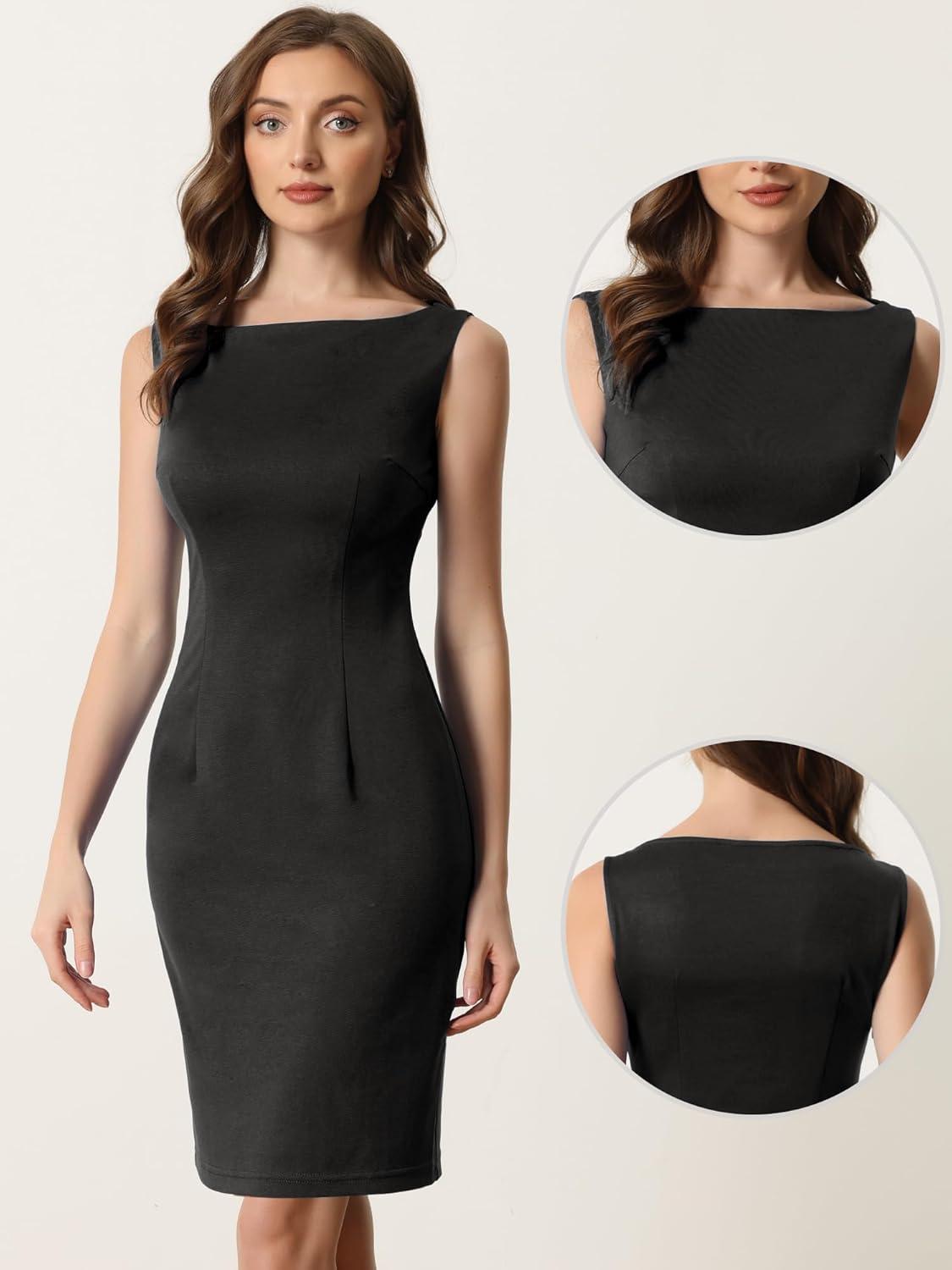 imageAllegra K Sleeveless Sheath Dress for Womens Pencil Boat Neck Business Professional Office DressesBlack