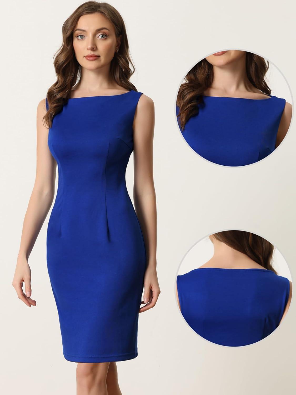 imageAllegra K Sleeveless Sheath Dress for Womens Pencil Boat Neck Business Professional Office DressesBlue