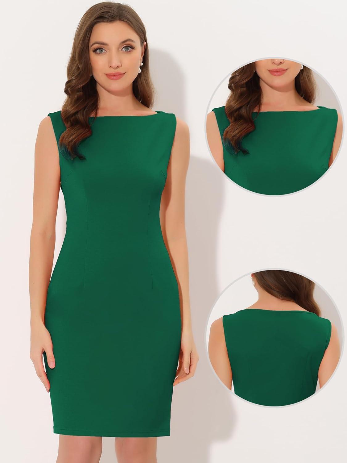 imageAllegra K Sleeveless Sheath Dress for Womens Pencil Boat Neck Business Professional Office DressesDark Green