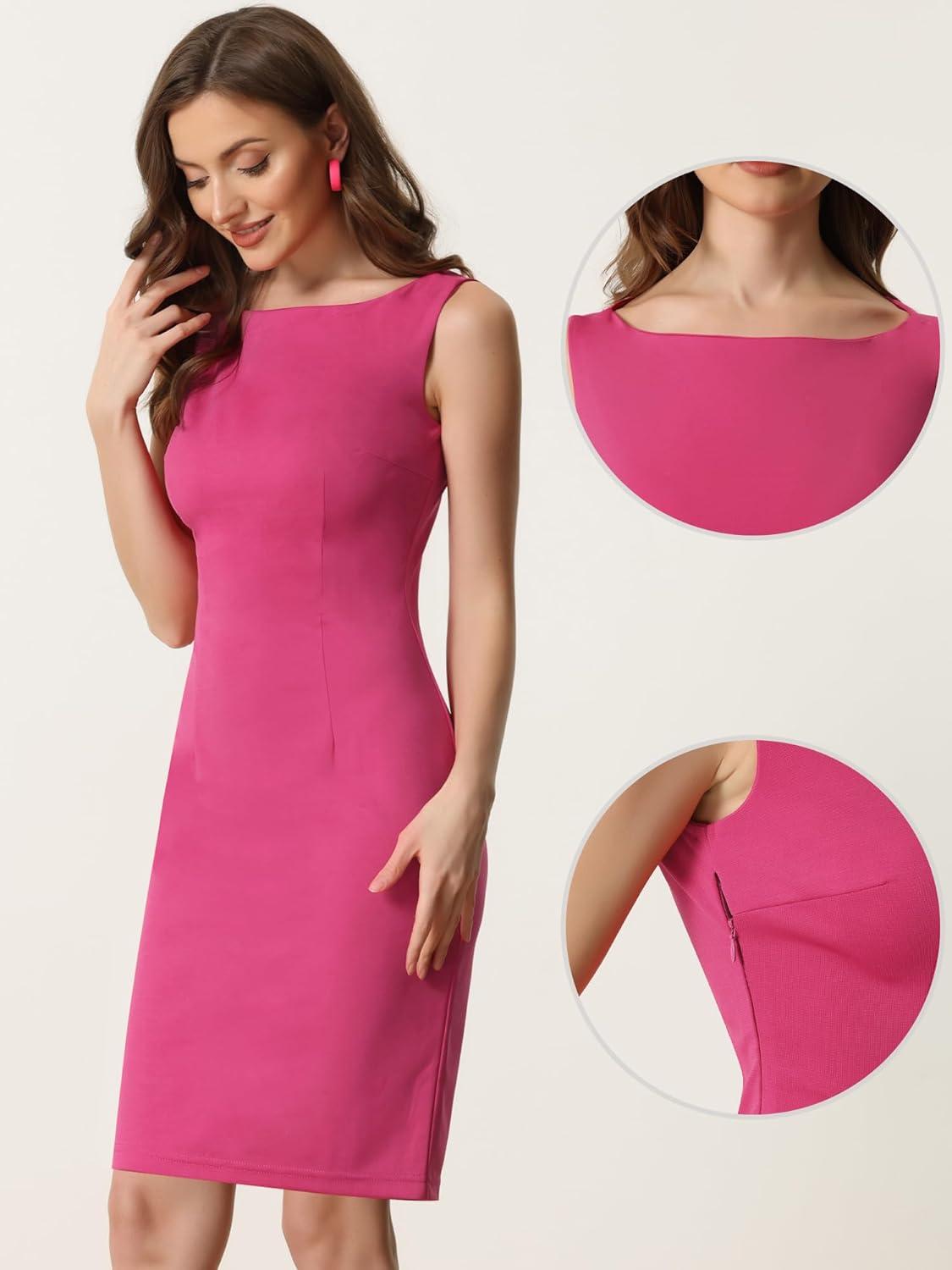 imageAllegra K Sleeveless Sheath Dress for Womens Pencil Boat Neck Business Professional Office DressesHot Pink