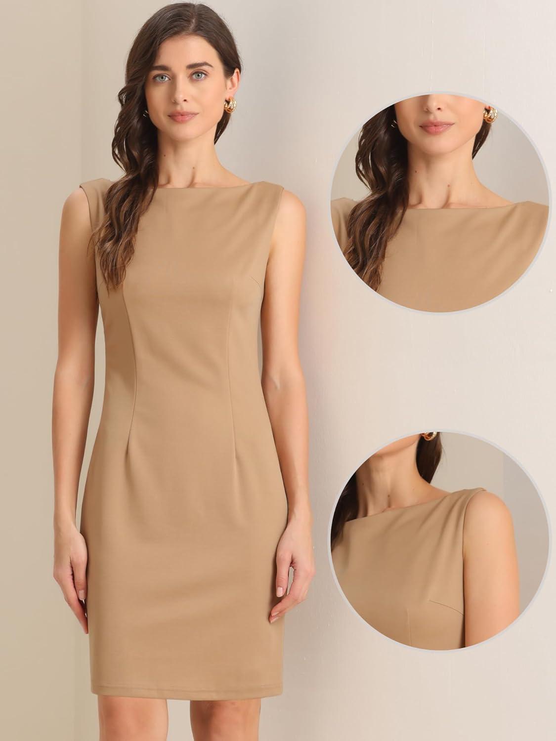 imageAllegra K Sleeveless Sheath Dress for Womens Pencil Boat Neck Business Professional Office DressesKhaki