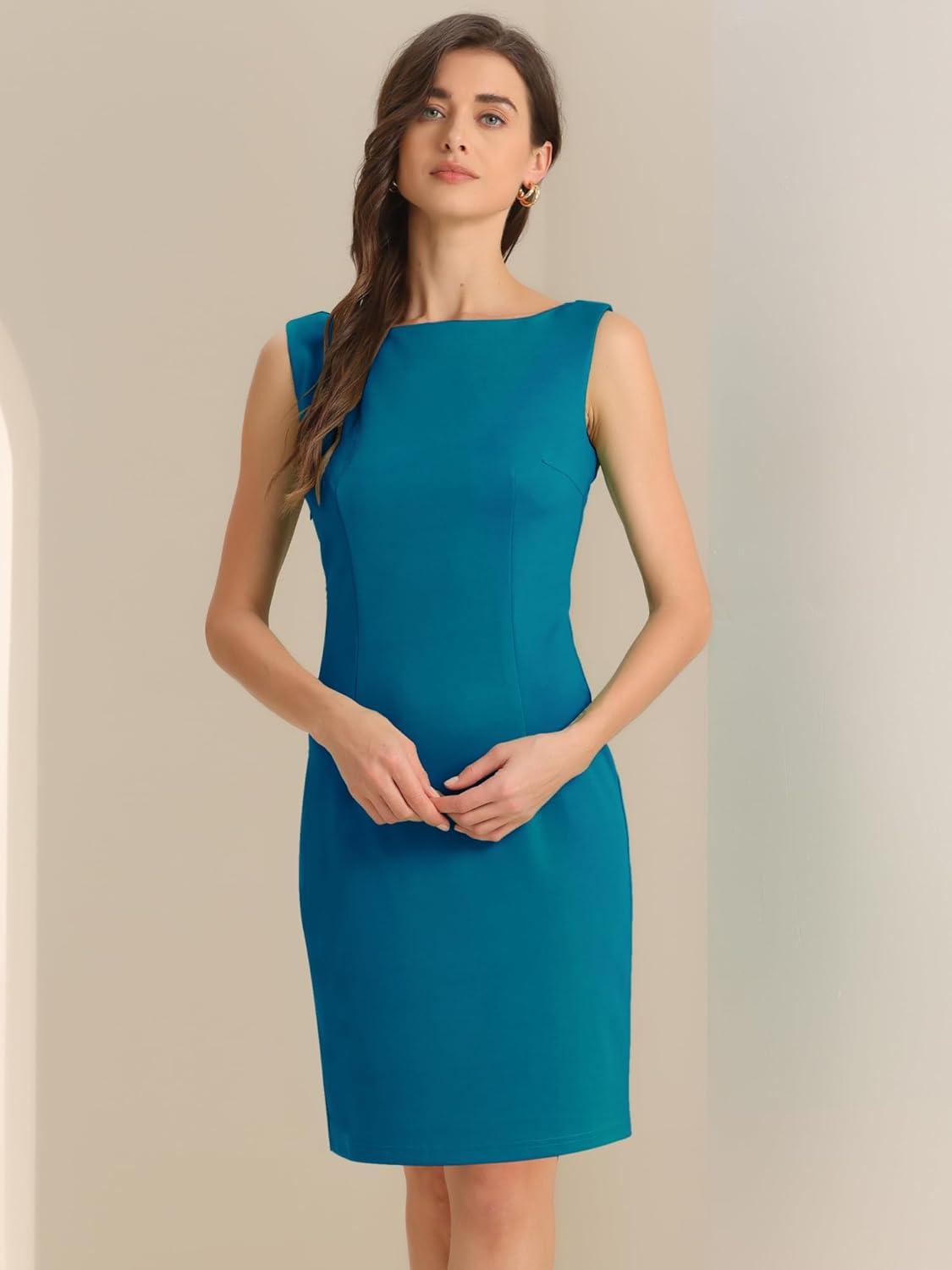 imageAllegra K Sleeveless Sheath Dress for Womens Pencil Boat Neck Business Professional Office DressesLake Green