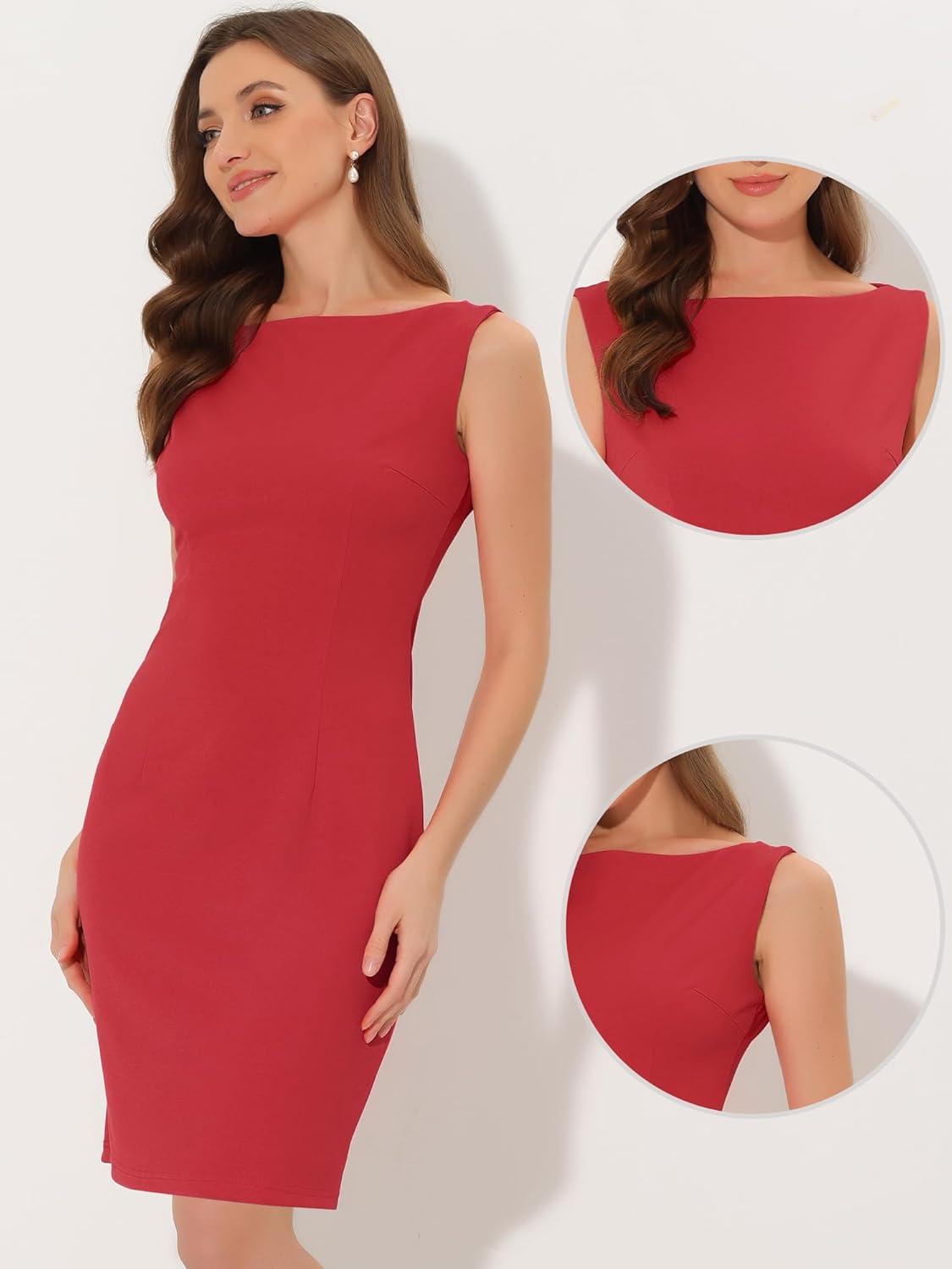 imageAllegra K Sleeveless Sheath Dress for Womens Pencil Boat Neck Business Professional Office DressesRed