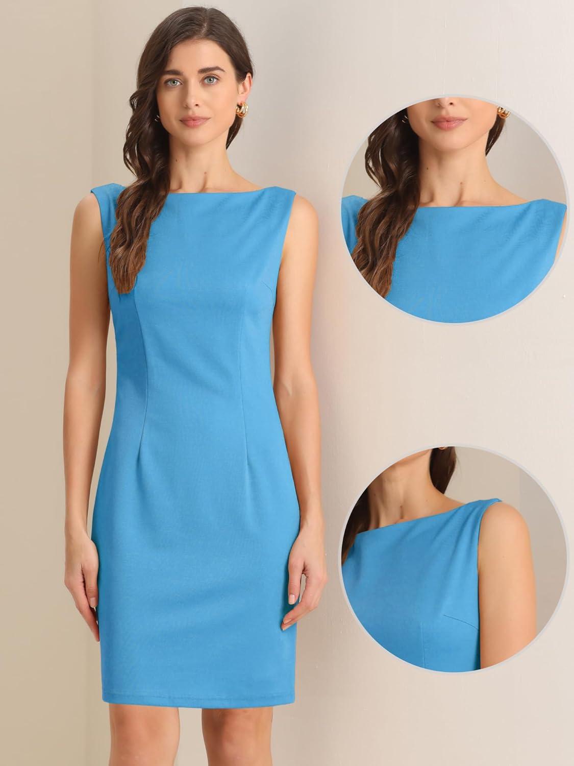 imageAllegra K Sleeveless Sheath Dress for Womens Pencil Boat Neck Business Professional Office DressesSky Blue