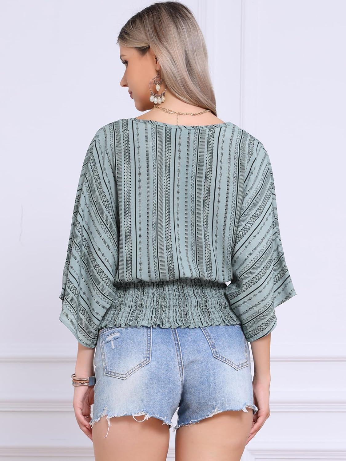 imageAllegra K Tops for Womens Summer Boho V Neck Print Chiffon Top Smocked Batwing Dolman Sleeve BlousesLight Gray Green