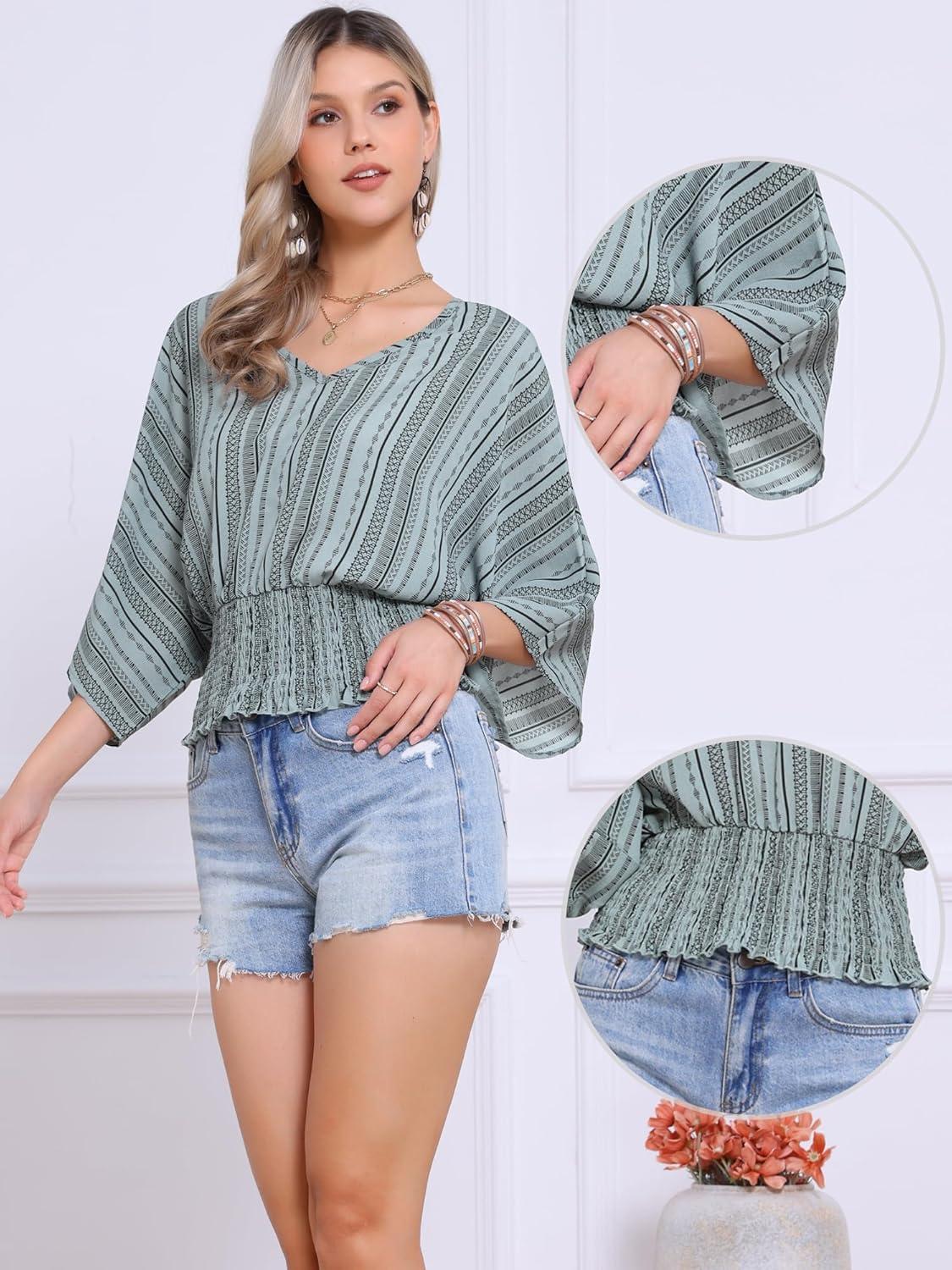imageAllegra K Tops for Womens Summer Boho V Neck Print Chiffon Top Smocked Batwing Dolman Sleeve BlousesLight Gray Green
