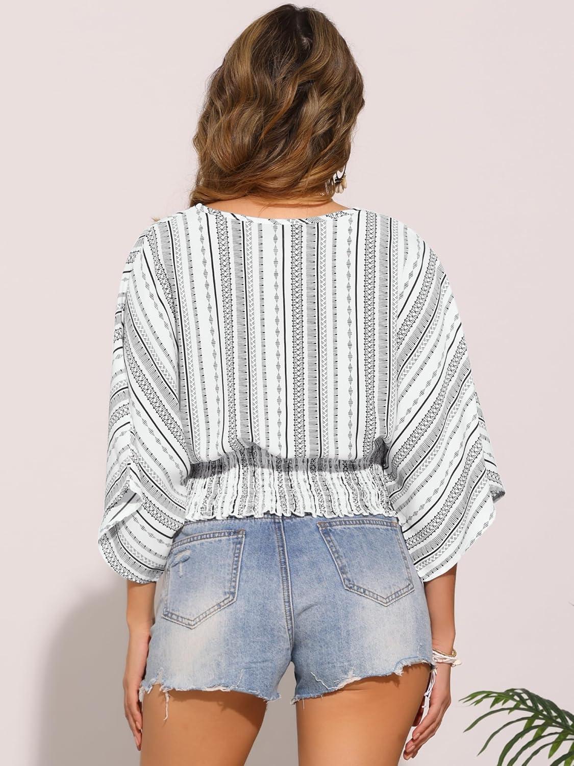 imageAllegra K Tops for Womens Summer Boho V Neck Print Chiffon Top Smocked Batwing Dolman Sleeve BlousesWhite Black