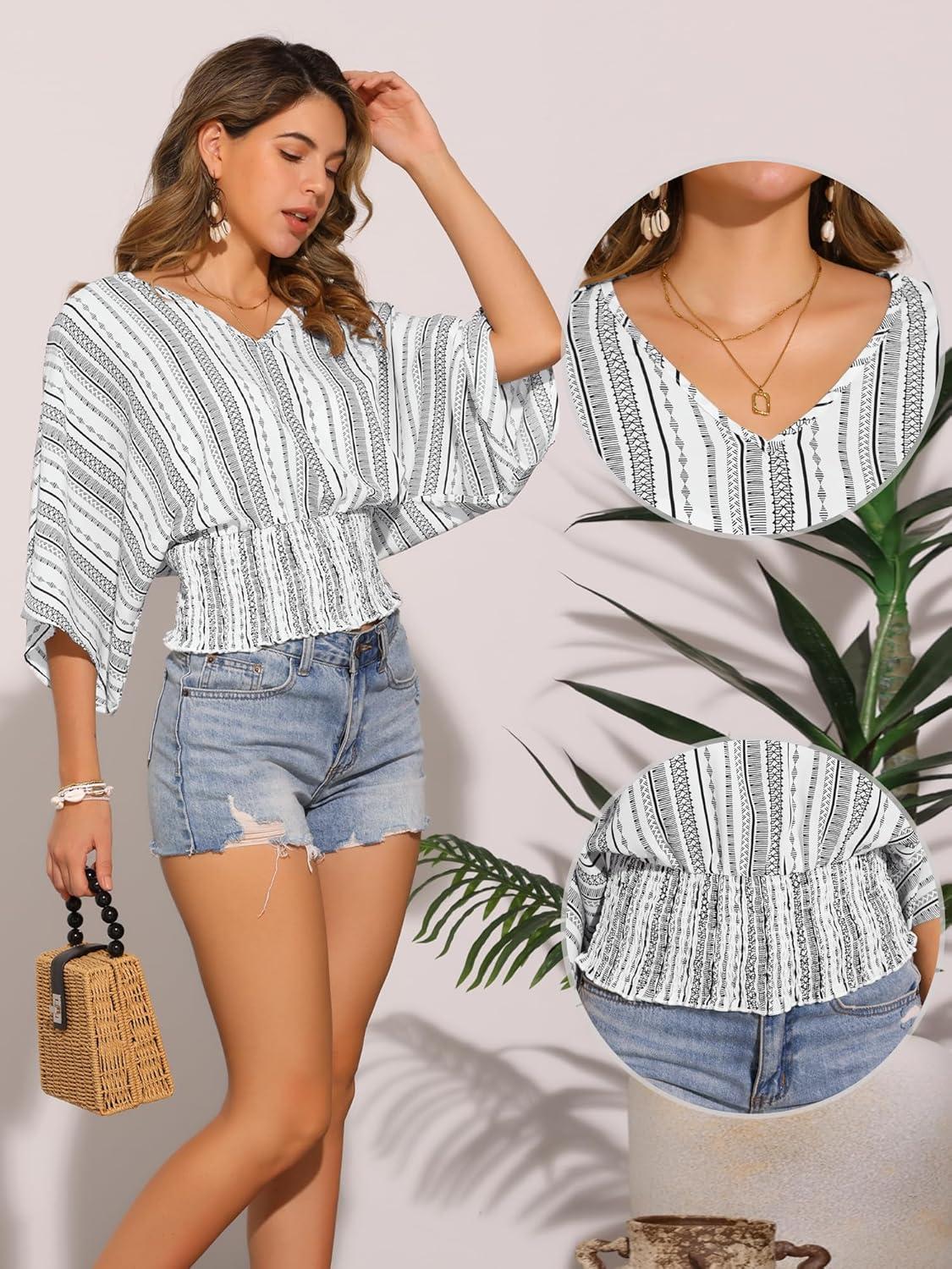 imageAllegra K Tops for Womens Summer Boho V Neck Print Chiffon Top Smocked Batwing Dolman Sleeve BlousesWhite Black