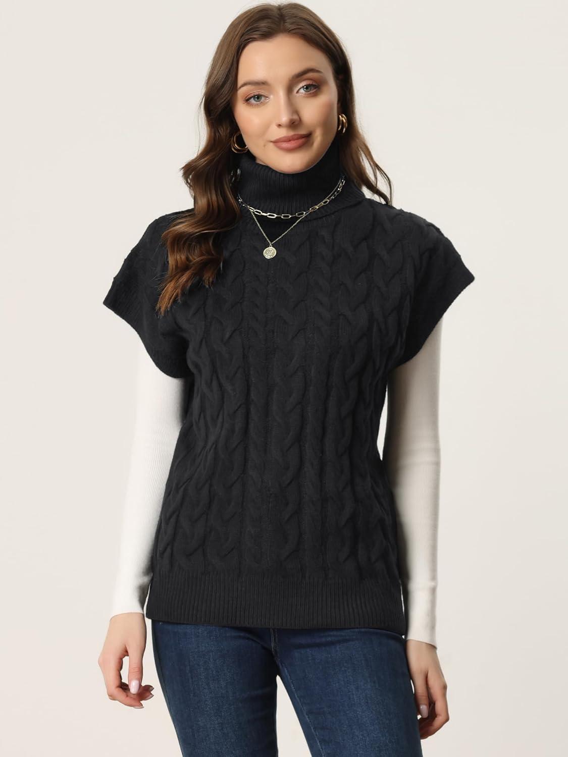 imageAllegra K Womens Casual Turtleneck Sweaters Mock Neck Twist Sleeveless Vests Knit Pullover Sweater VestBlack