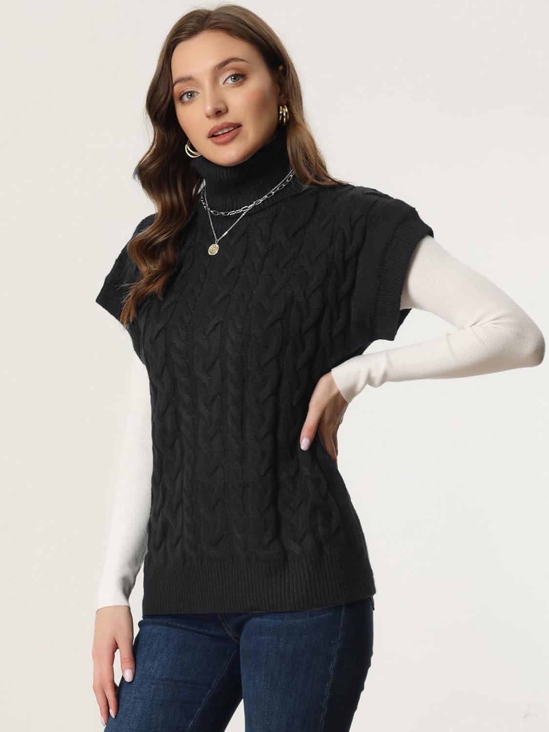 imageAllegra K Womens Casual Turtleneck Sweaters Mock Neck Twist Sleeveless Vests Knit Pullover Sweater VestBlack