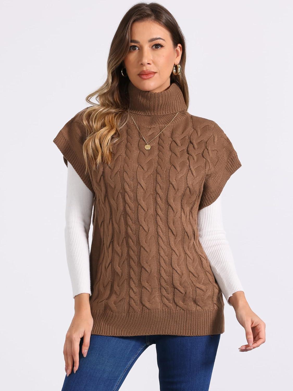 imageAllegra K Womens Casual Turtleneck Sweaters Mock Neck Twist Sleeveless Vests Knit Pullover Sweater VestBrown