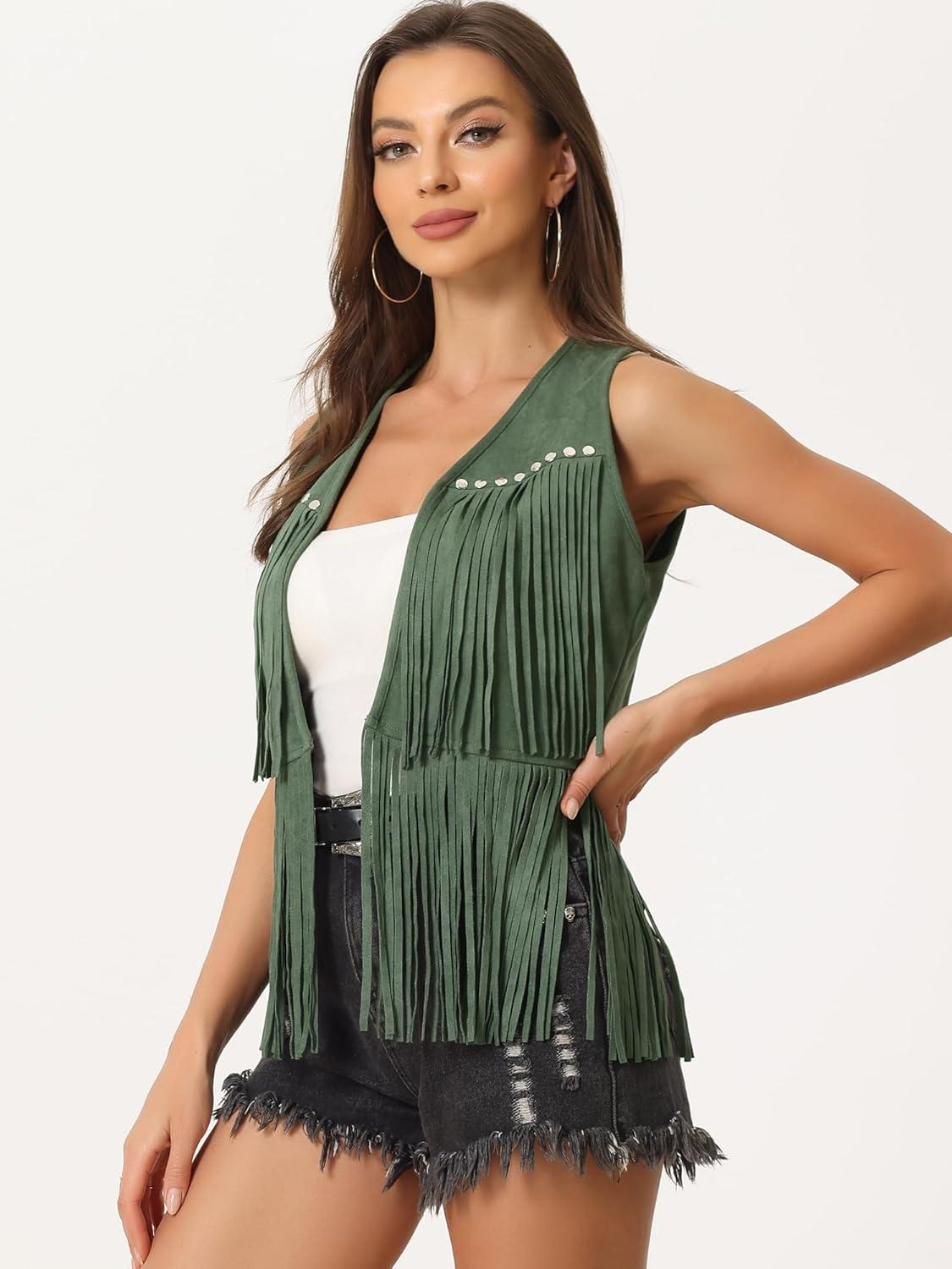 imageAllegra K Womens Fringe Vest Open Front Western 70s Outfits Faux Suede Tassel CardiganArmy Green