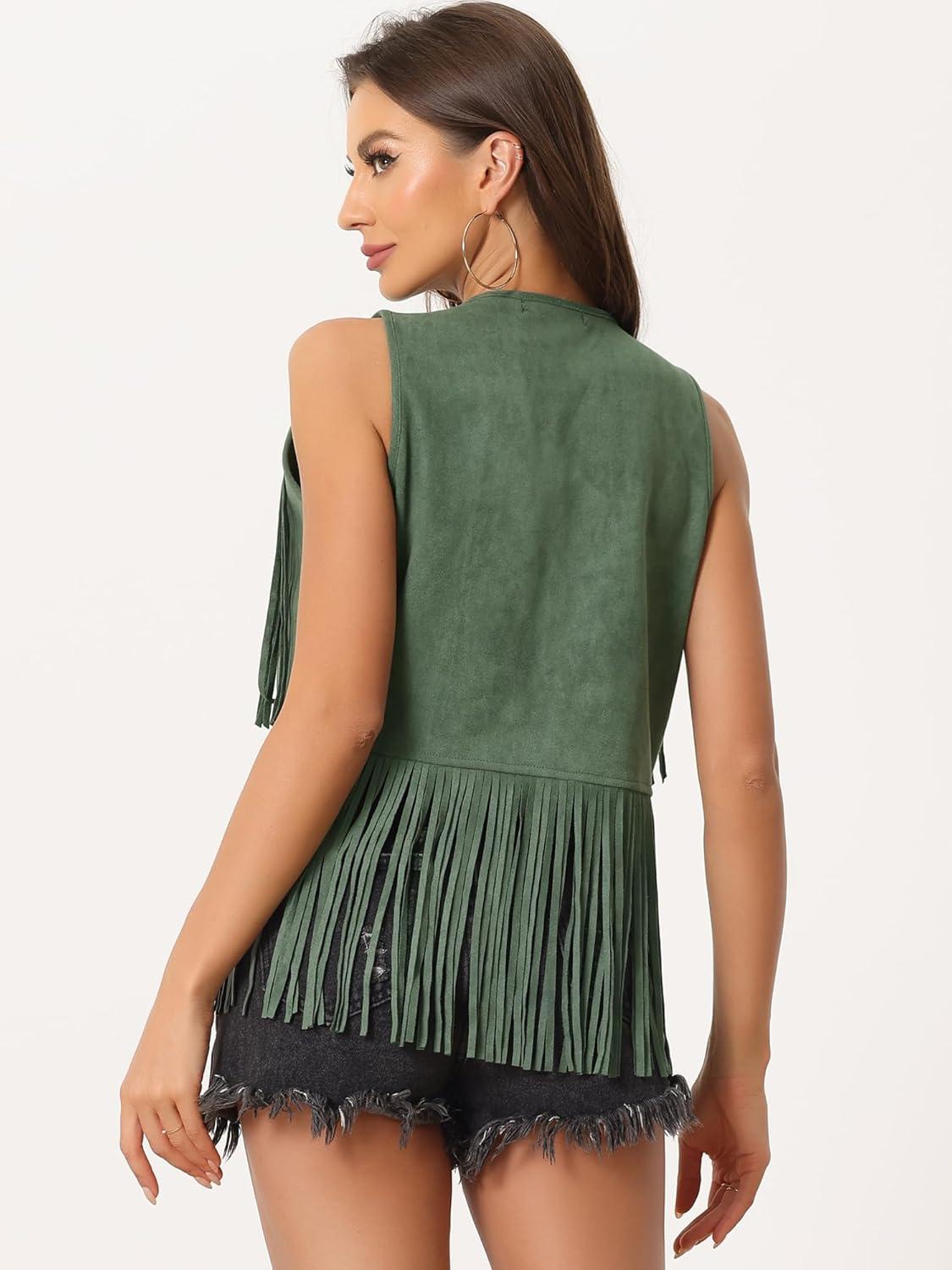 imageAllegra K Womens Fringe Vest Open Front Western 70s Outfits Faux Suede Tassel CardiganArmy Green