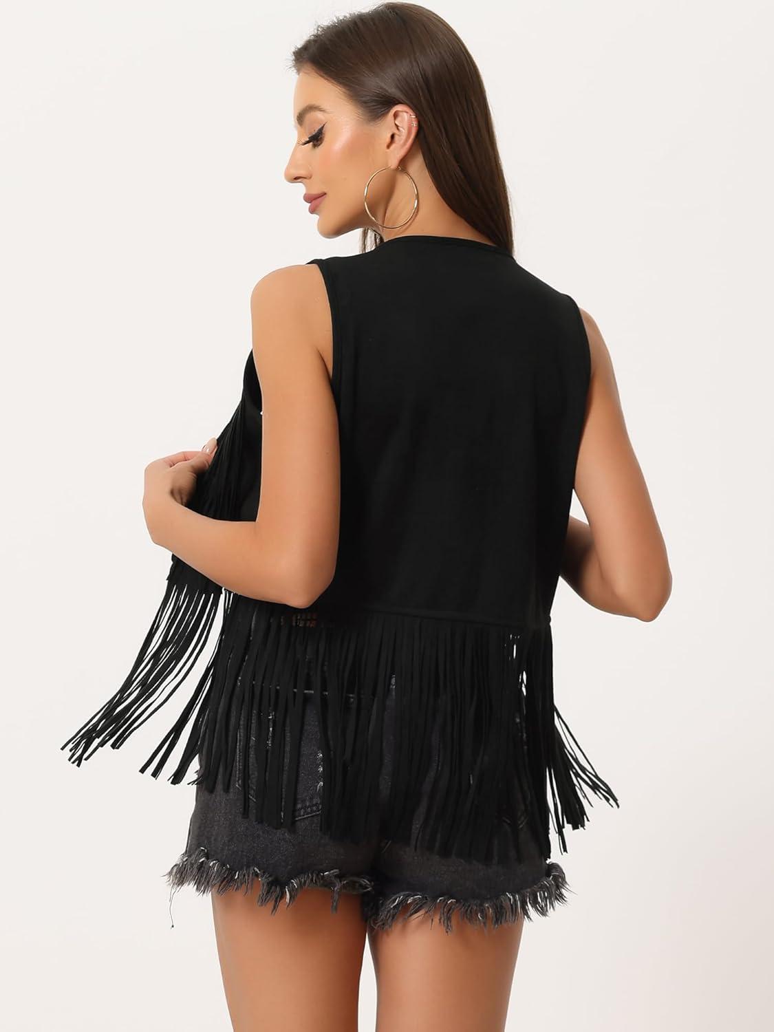 imageAllegra K Womens Fringe Vest Open Front Western 70s Outfits Faux Suede Tassel CardiganBlack