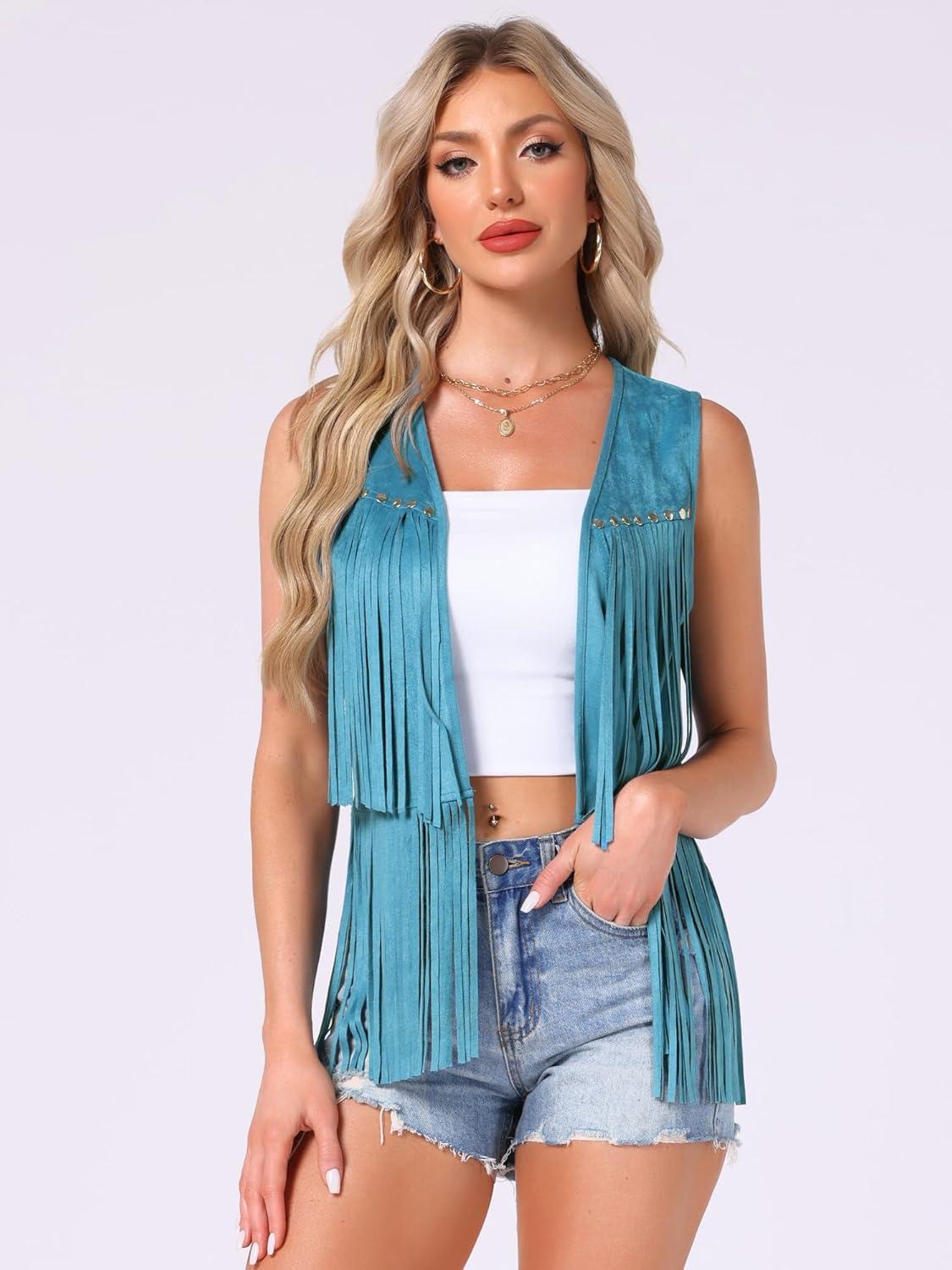 imageAllegra K Womens Fringe Vest Open Front Western 70s Outfits Faux Suede Tassel CardiganBright Blue