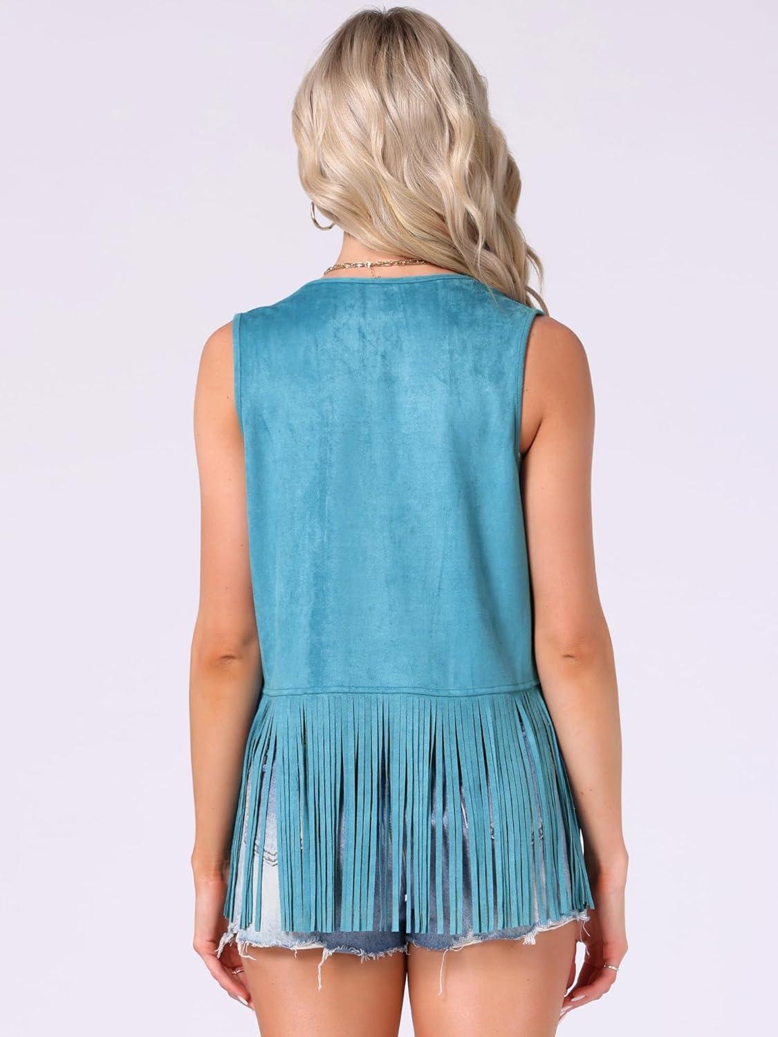 imageAllegra K Womens Fringe Vest Open Front Western 70s Outfits Faux Suede Tassel CardiganBright Blue