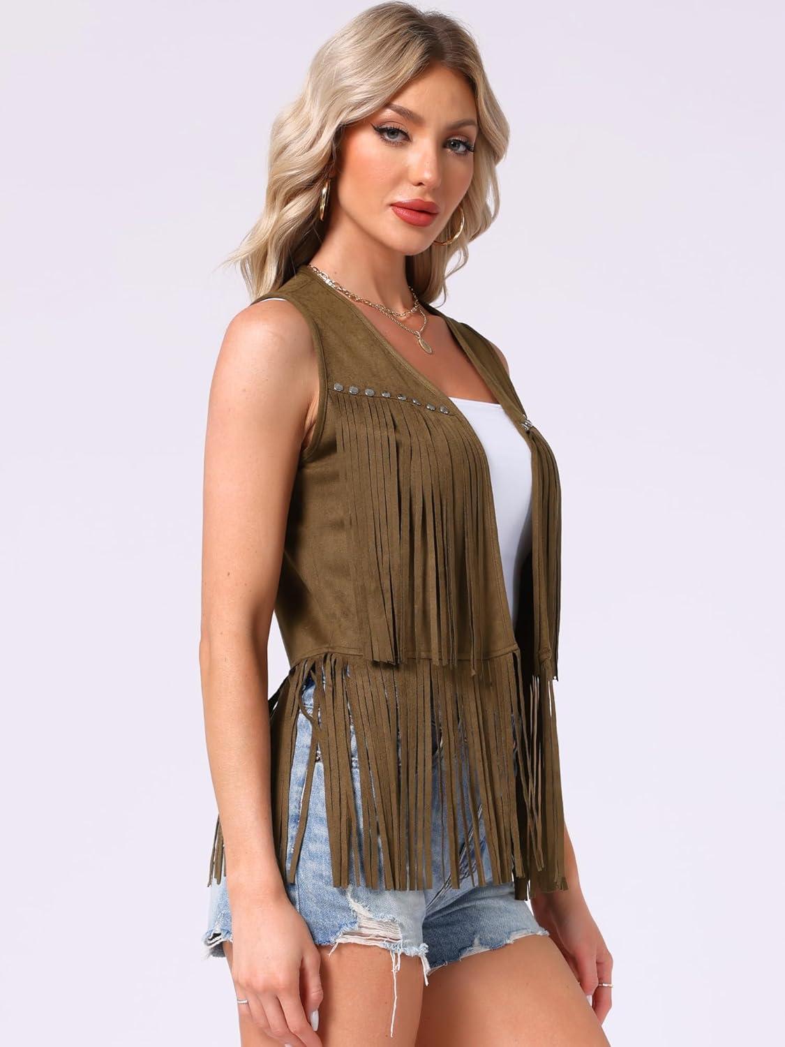 imageAllegra K Womens Fringe Vest Open Front Western 70s Outfits Faux Suede Tassel CardiganBrown