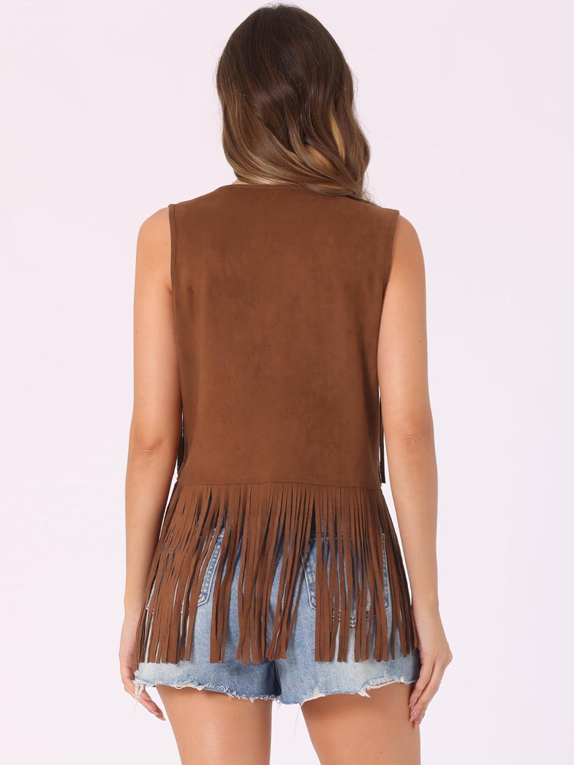 imageAllegra K Womens Fringe Vest Open Front Western 70s Outfits Faux Suede Tassel CardiganDark Khaki