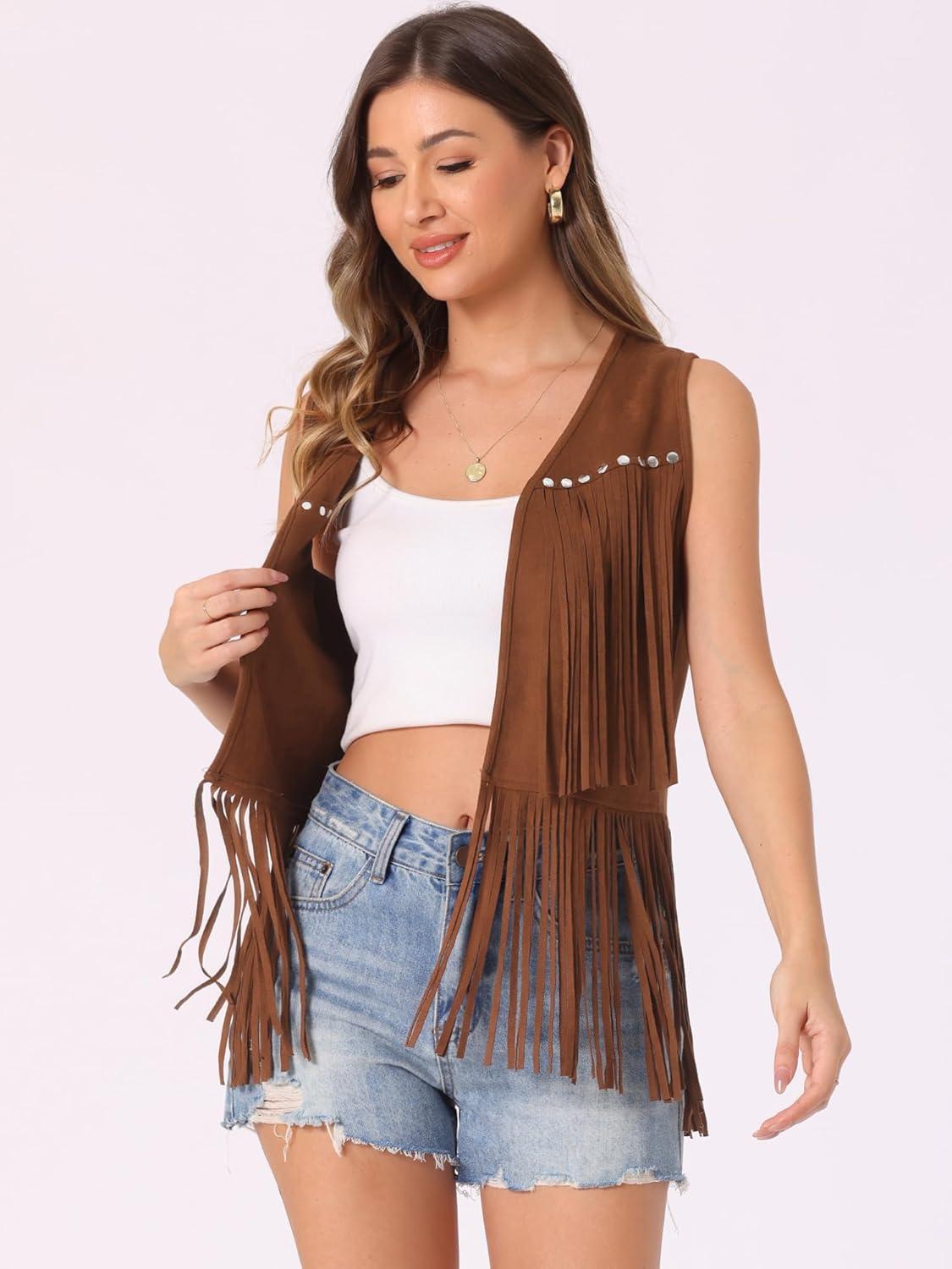imageAllegra K Womens Fringe Vest Open Front Western 70s Outfits Faux Suede Tassel CardiganDark Khaki