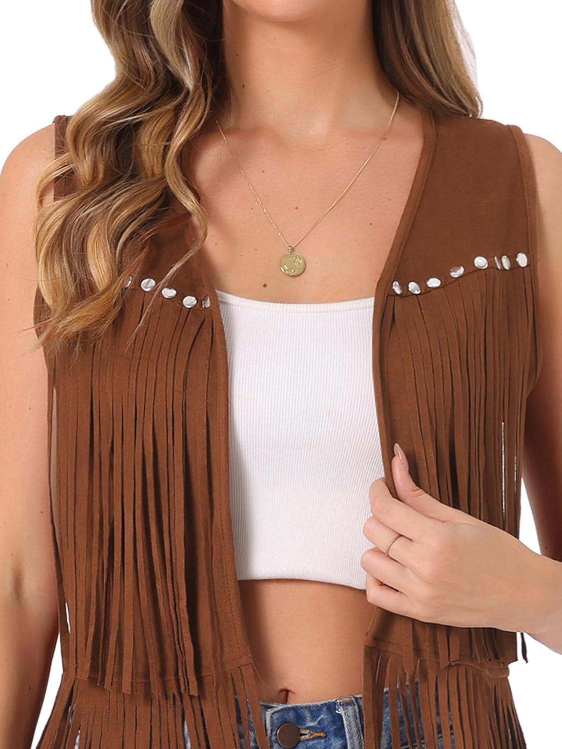 imageAllegra K Womens Fringe Vest Open Front Western 70s Outfits Faux Suede Tassel CardiganDark Khaki