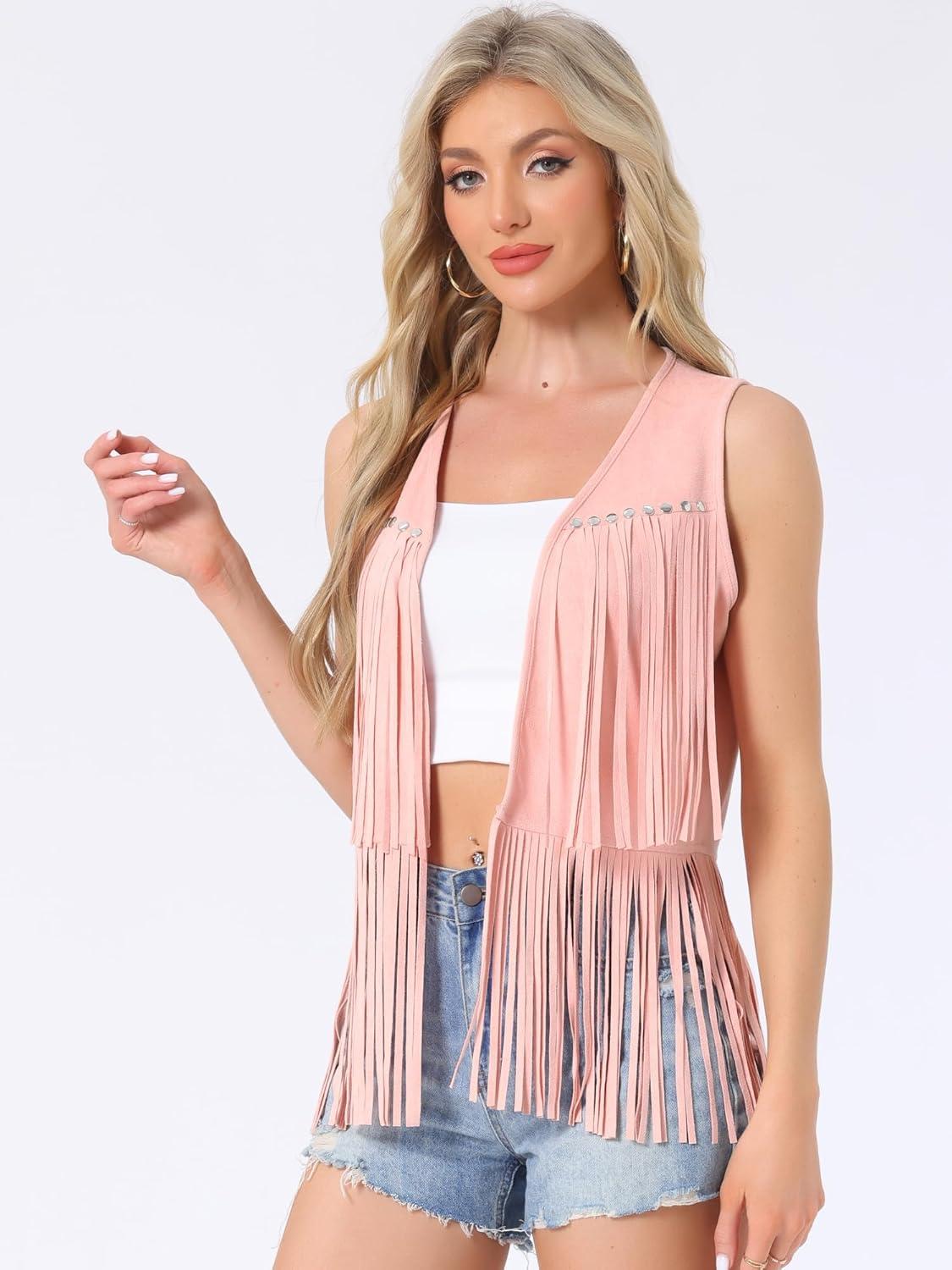 imageAllegra K Womens Fringe Vest Open Front Western 70s Outfits Faux Suede Tassel CardiganPink