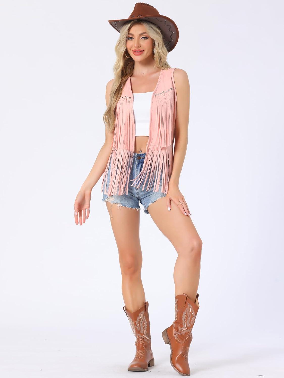 imageAllegra K Womens Fringe Vest Open Front Western 70s Outfits Faux Suede Tassel CardiganPink