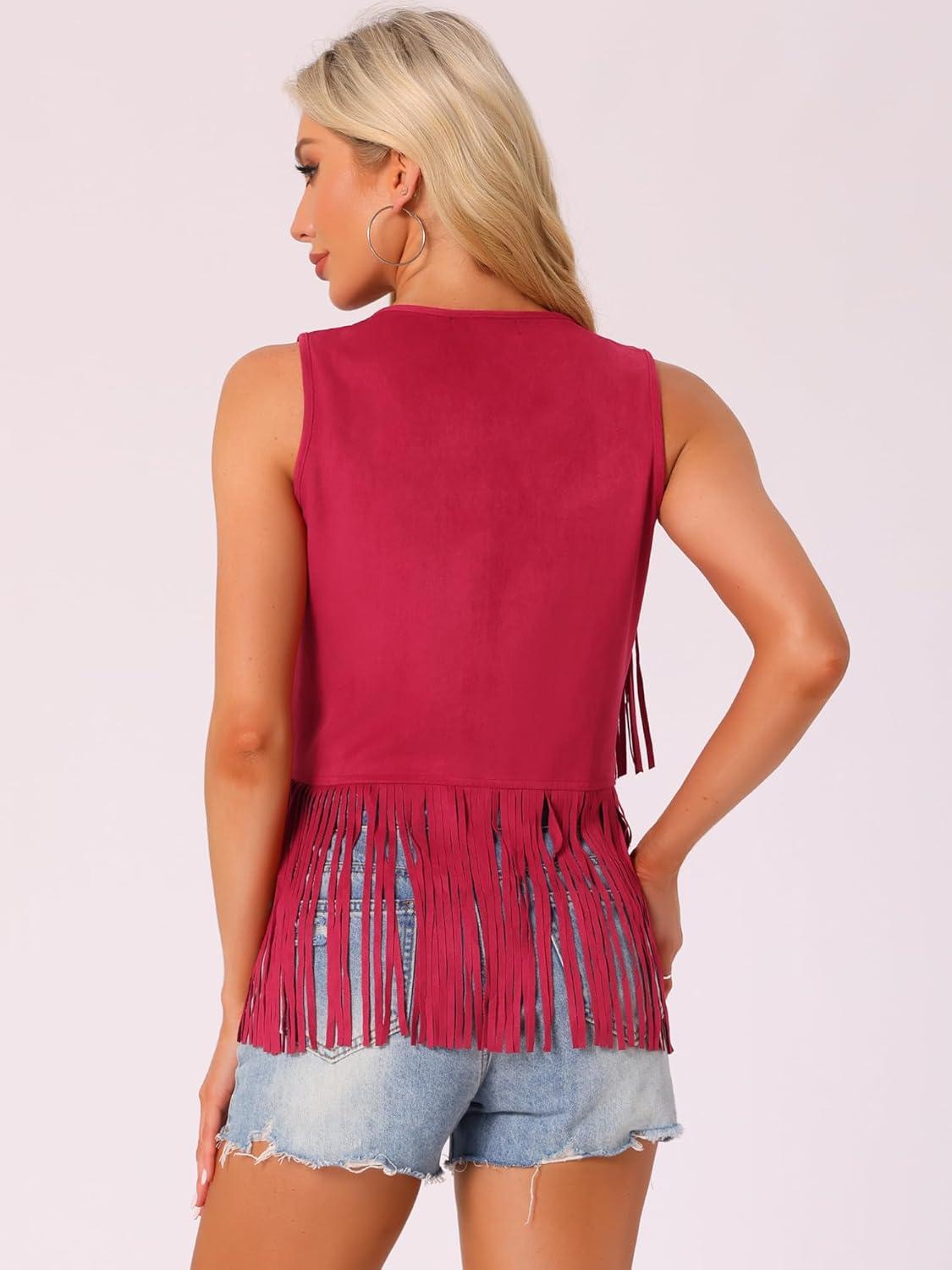 imageAllegra K Womens Fringe Vest Open Front Western 70s Outfits Faux Suede Tassel CardiganRed