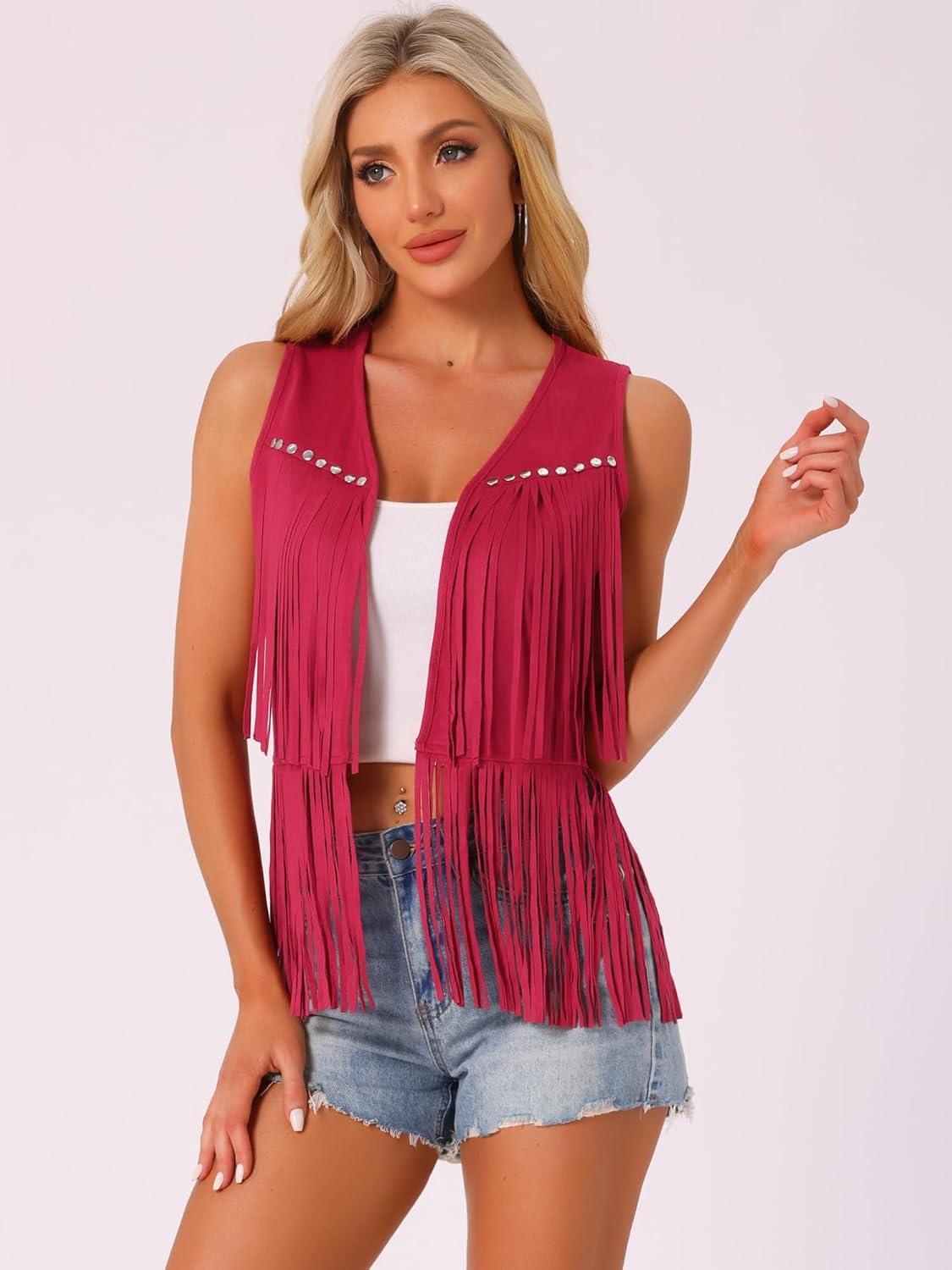 imageAllegra K Womens Fringe Vest Open Front Western 70s Outfits Faux Suede Tassel CardiganRed